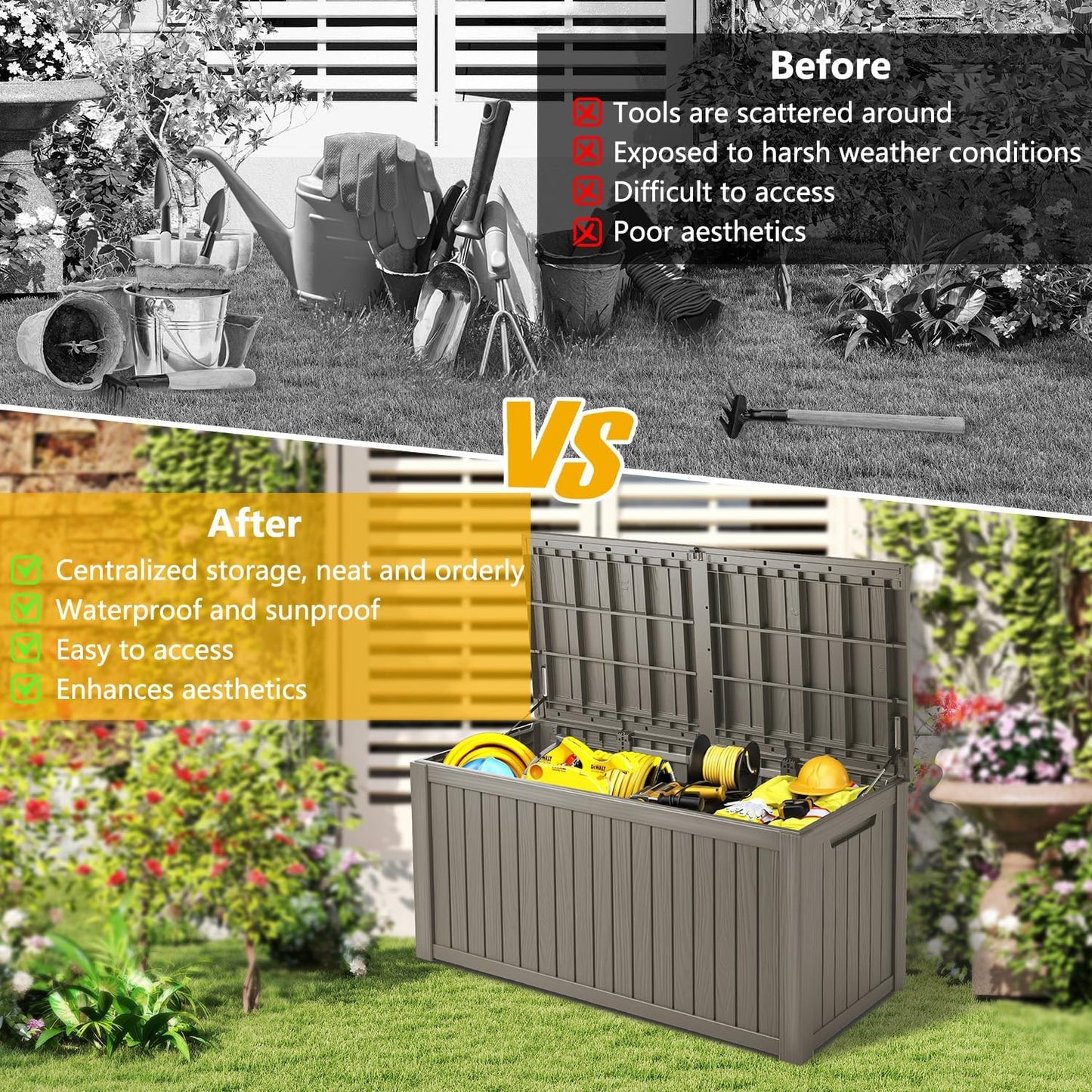 200 Gallon Deck Box, Resin Outdoor Indoor Waterproof Storage Box, Lockable Storage Box With Handle for Patio Furniture - Garden Tools - Brown