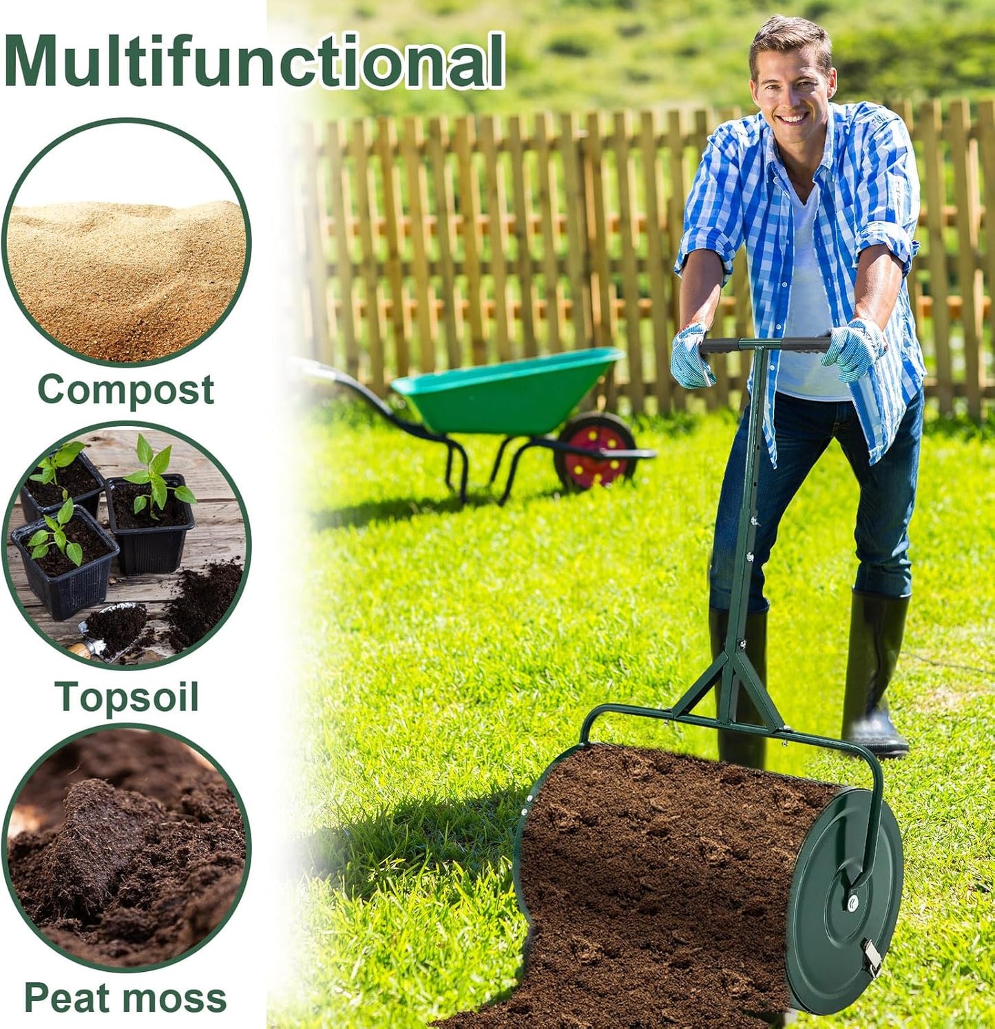 Hiboom 24 Inch Compost Spreader, Peat Moss Spreader, Manure Roller with Adjustable T Shaped Handle, Lightweight Metal Mesh for Lawn Garden Spreading Manure Topsoil (Green)