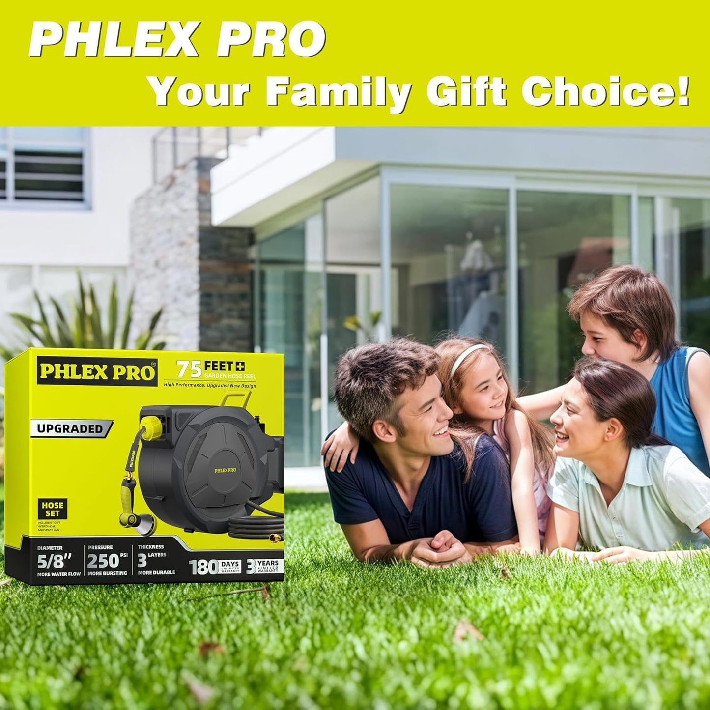 Retractable Garden Hose Reel 5/8 in x 75 ft Heavy Duty Automatic Water Hose Reel Wall Mounted with 10 Pattern Nozzle,Any Length Lock, Slow Return System, 180°Swivel Bracket