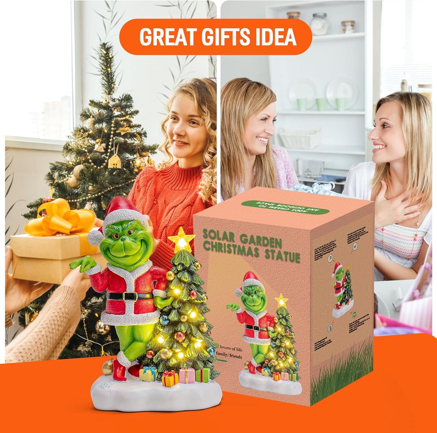 Solar Garden Outdoor Statues Green Monster with Christmas Tree and 6 LED Lights-Christmas Lawn Deco Statue for Patio, Balcony, Yard Ornament - Unique Christmas Housewarming Gifts