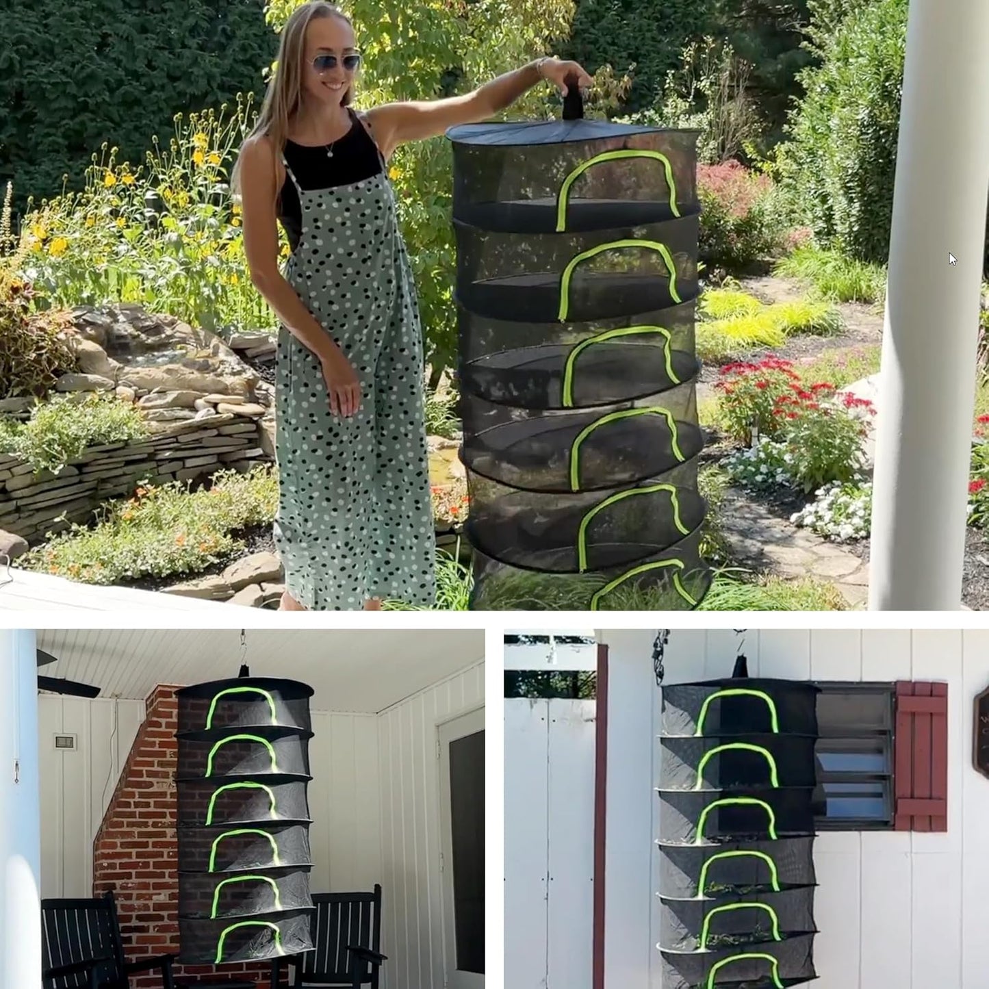 Herb Drying Rack Hanging Mesh 4 Layer 24" with Zipper, Garden Pruning Shear, Hook & Carabiner Clip for Drying Herbs, Plants, Seeds, Buds | Hydroponics & Grow Tents Herb Dryer Hanging Rack