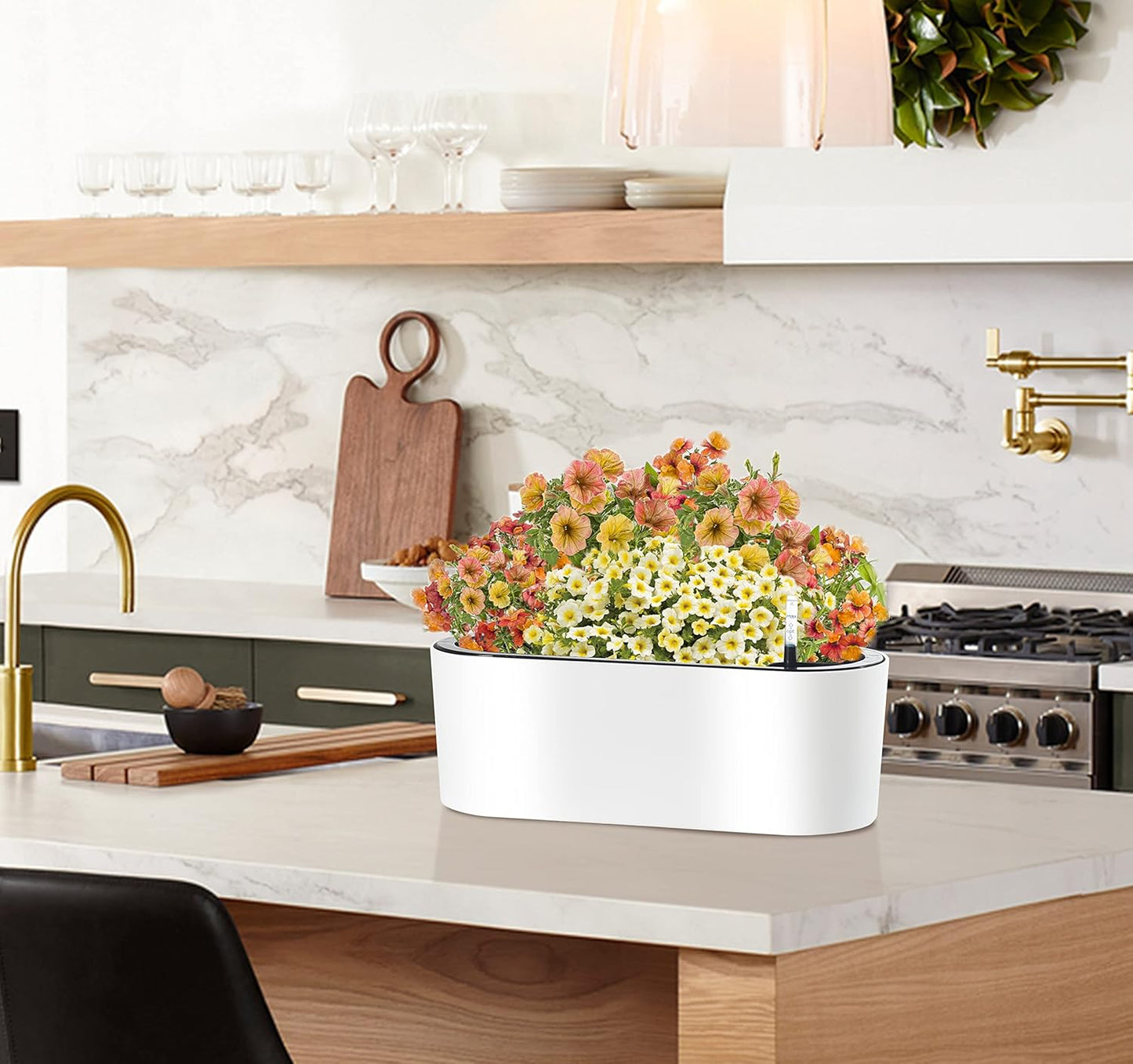 SAROSORA 16" Oval Self Watering Planter with Water Level Indicators for Plants & Flower Home Garden Outdoor Indoor Succulent | Herb pots | Window Box (1, Oval, White)