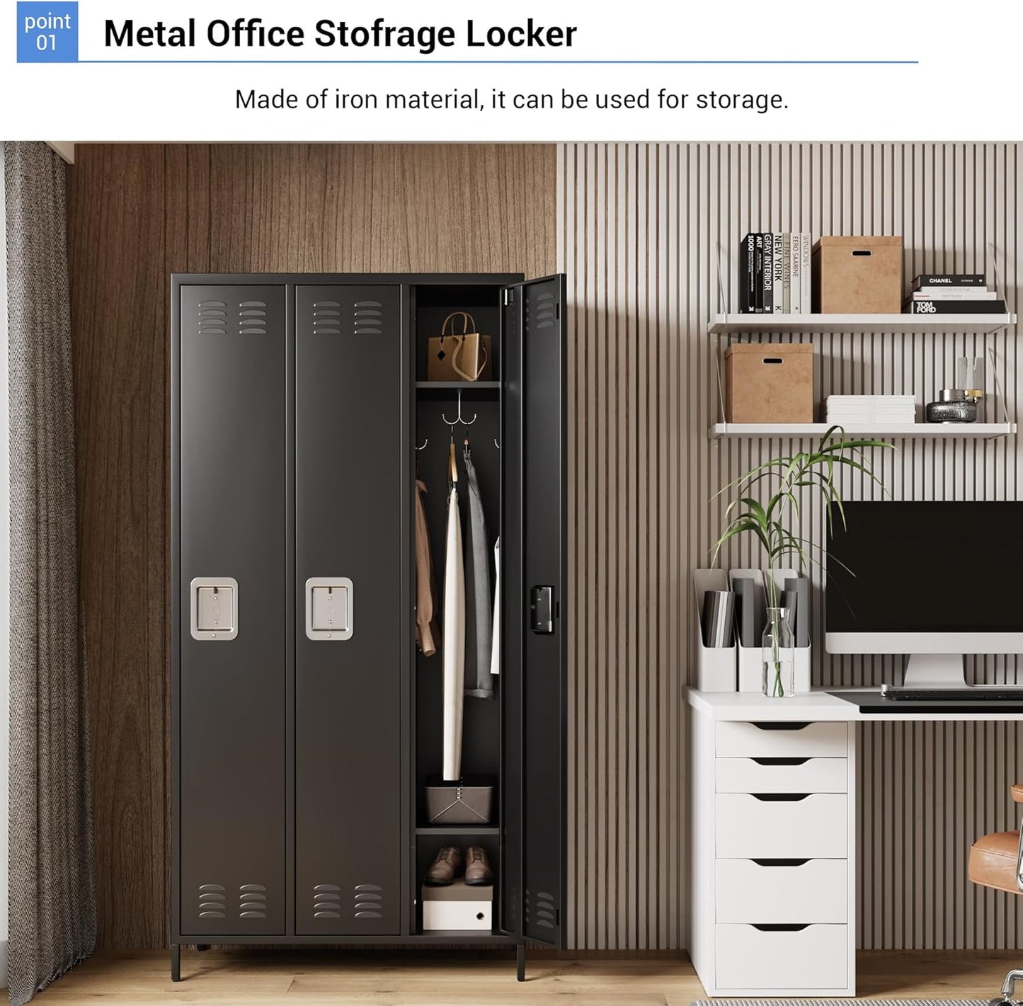 72" Metal Lockers for Employees with 3 Door, Black Metal Storage Cabinet with 9 Hooks, Industrial Locker, Assembly Required, for Gym, School, Classroom, Home, Office, Industrial