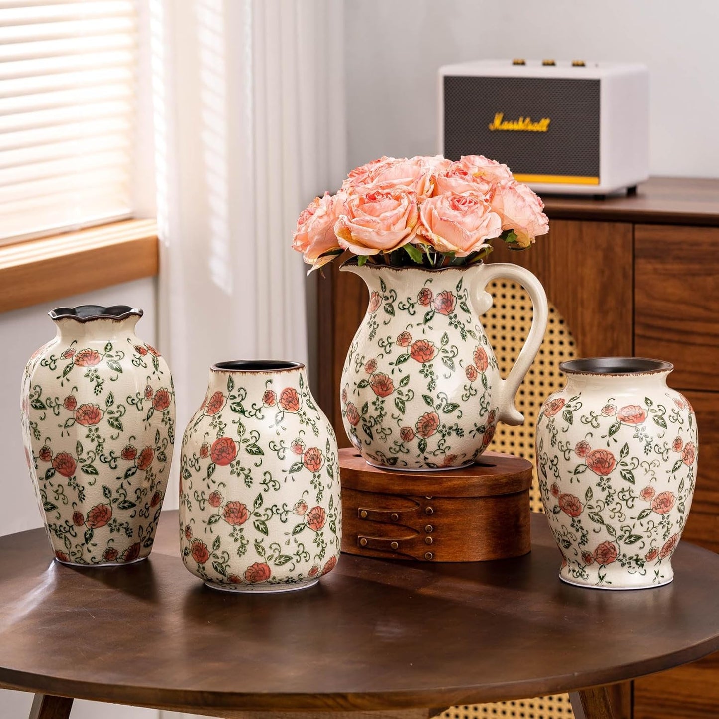 Green and White Vintage Vase with Handle, Red Rose Chinoiserie Floral Pitcher Vase, Rustic Ceramic Farmhouse Vases for Home Decor, Living Room, Bookshelf, Office, Grand Millennial Decor 7.9 Inch