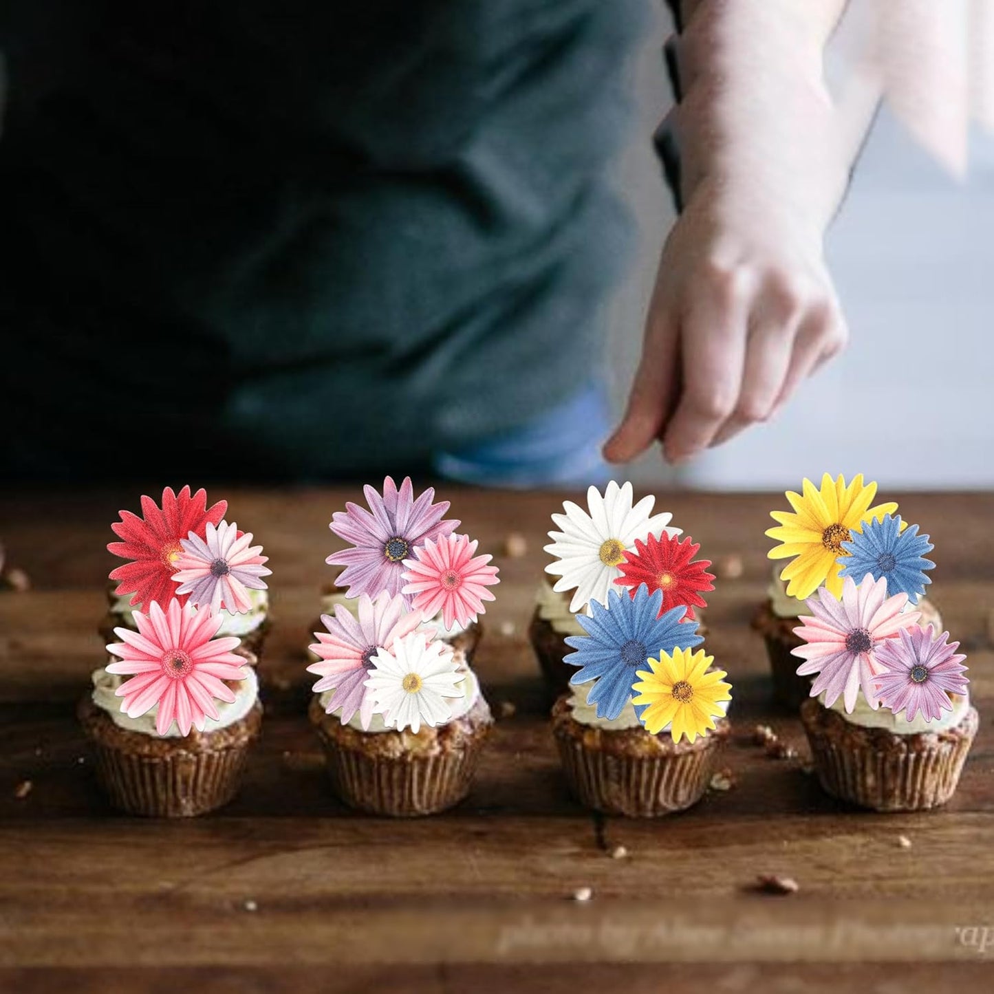 65 PCS Edible Daisy Cupcake Toppers Wafer Paper Flower Birthday Party Decorations Edible Sunflower Cupcake Picks for Baby Shower Wedding Birthday Party Cake Food Decorations Supplies Colorful