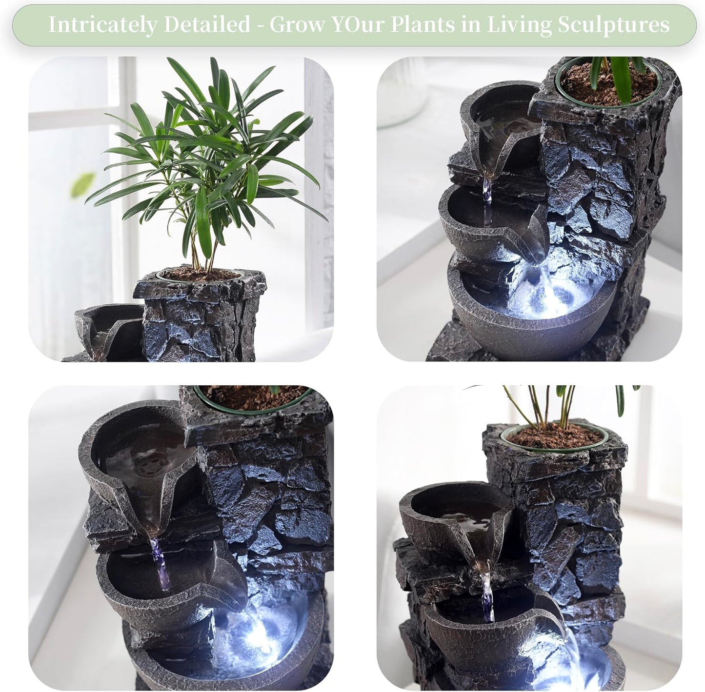 Indoor Tabletop Fountain Waterfall Meditation Exquisite Meditation Desk Water Decorative Zen Fountain Office and Home Decoration Grow Plant/Herbs by Yourself