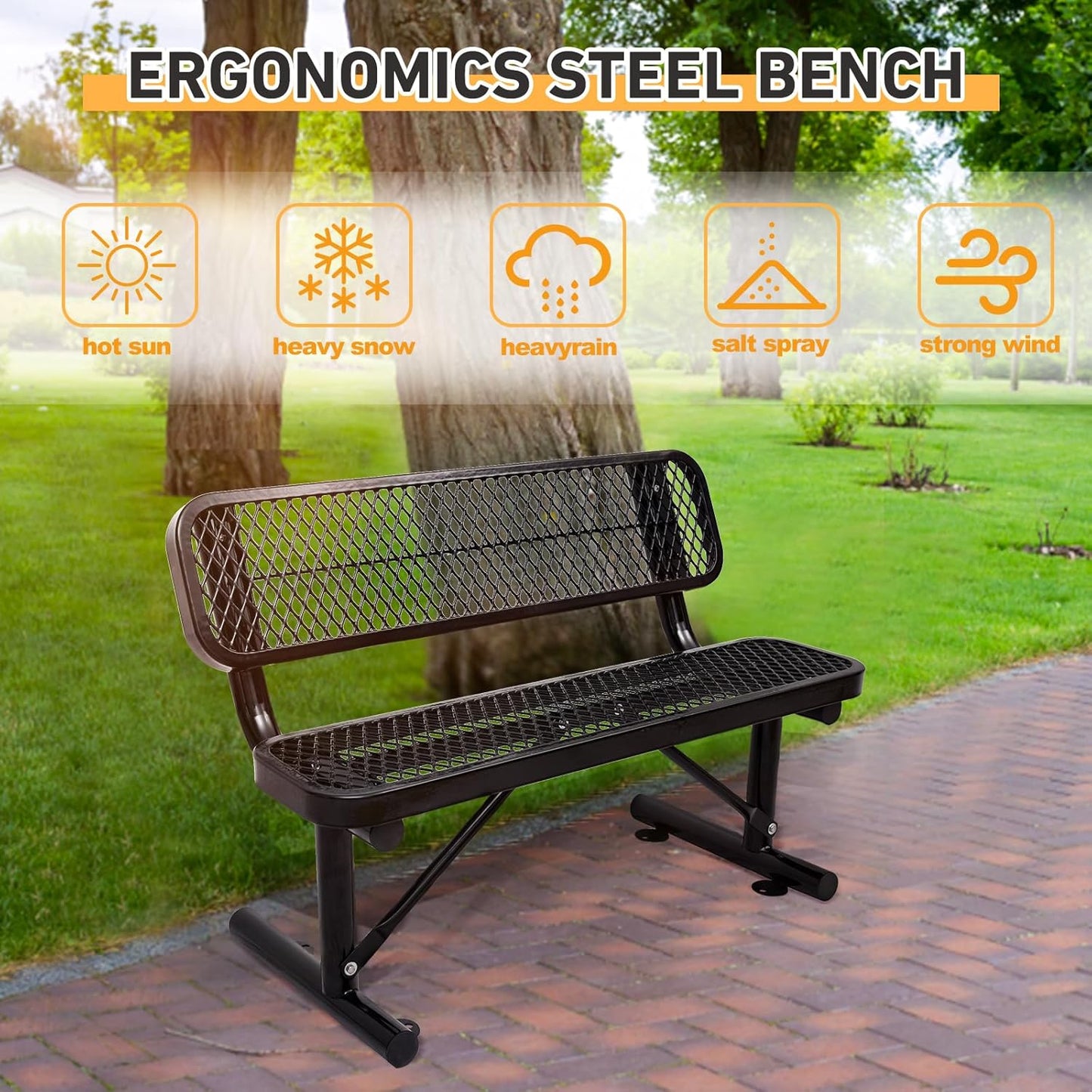 4 Feet Heavy Duty Park Bench with Back Portable Frame, Outdoor Steel Bench with Backrest, Expanded Metal Mesh Bench for Lawn, Park, Deck, Garden, Patio, Porch, Black
