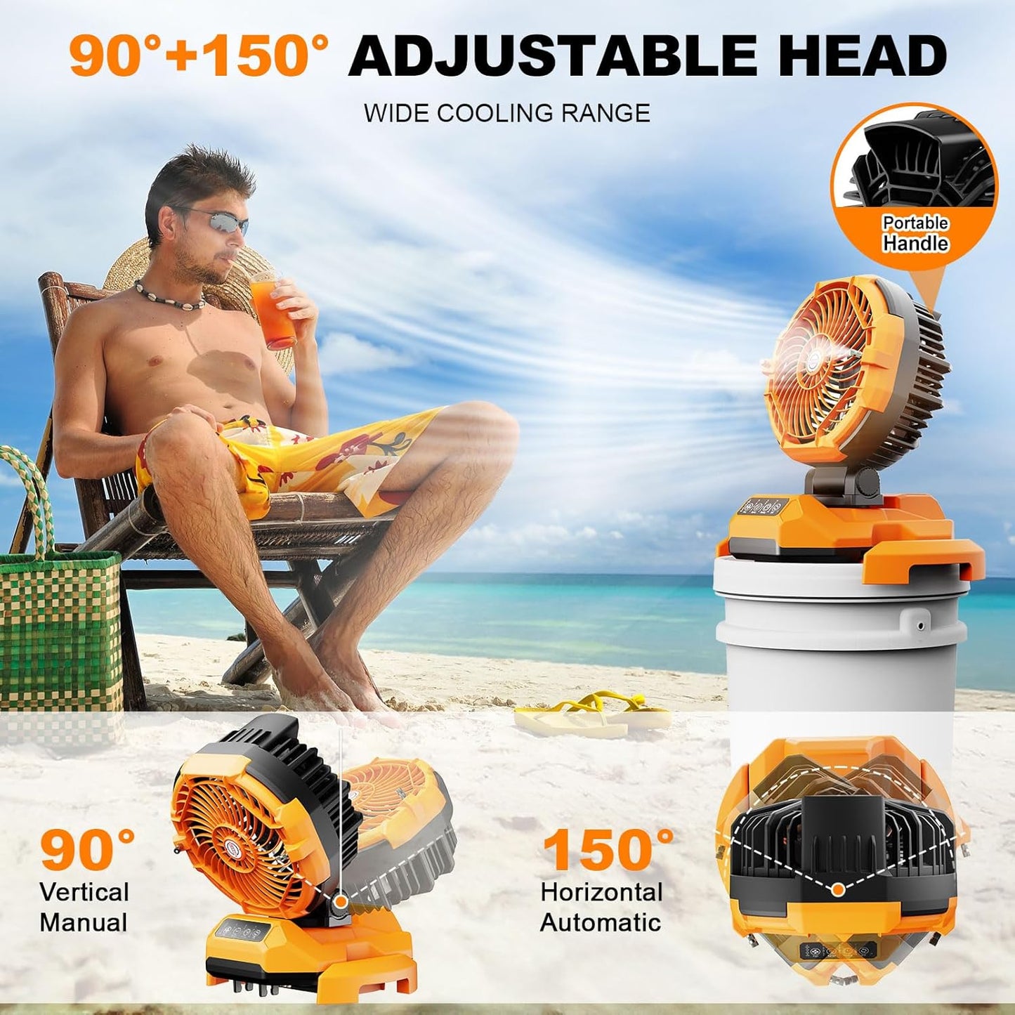 Portable Misting Fan, 30000mAh Rechargeable Battery Powered Oscillating Cooling Fan, Outdoor Fans for Camping, Patio, Adjustable Base for 10-13in Water Tank(No Bucket Included)