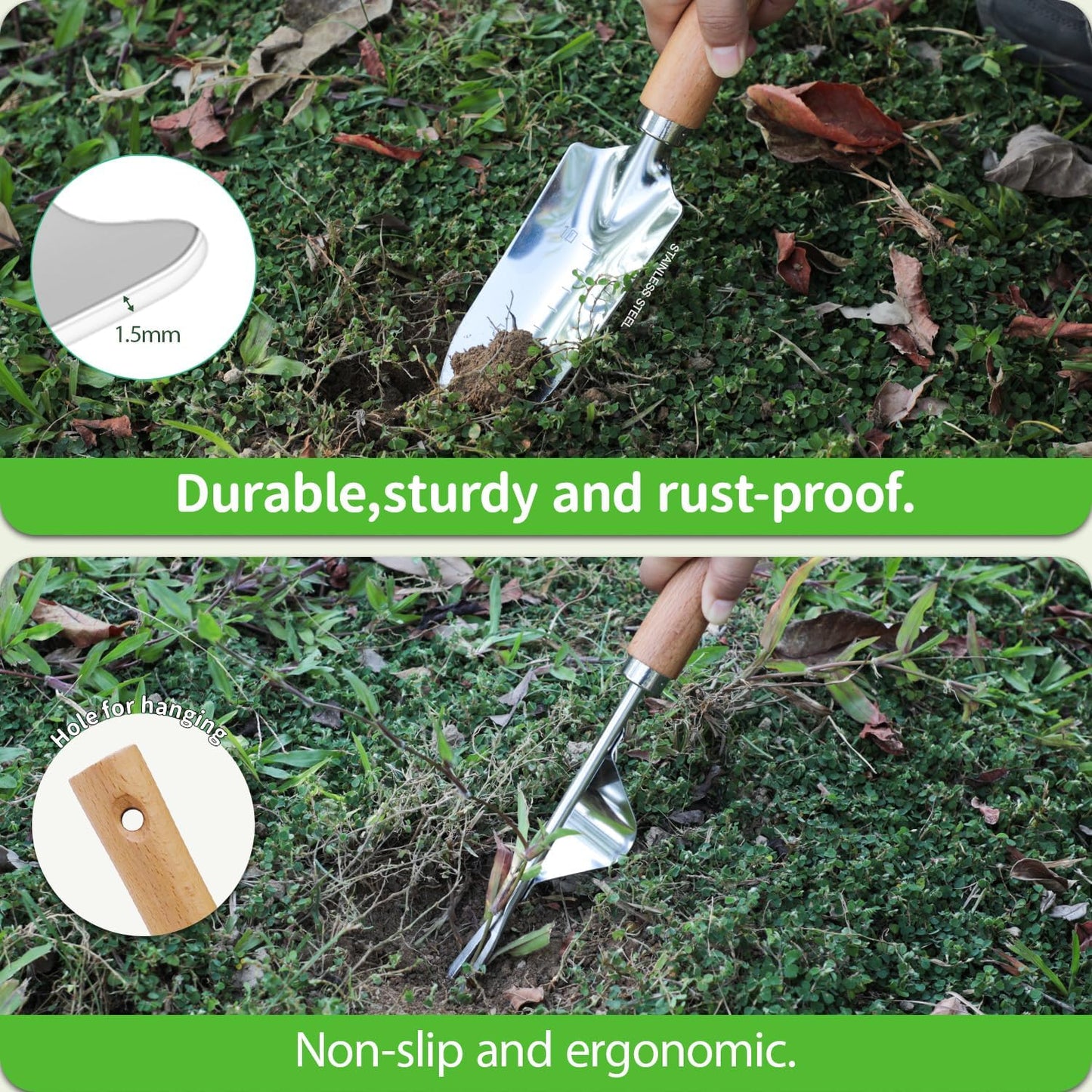 Garden Tool Set, 2 Pieces Stainless Steel Heavy Duty Garden Tools, Garden Kit with Ergonomic Wooden Handle, Durable Garden Tools for Gardening, Gardening Gifts for Women