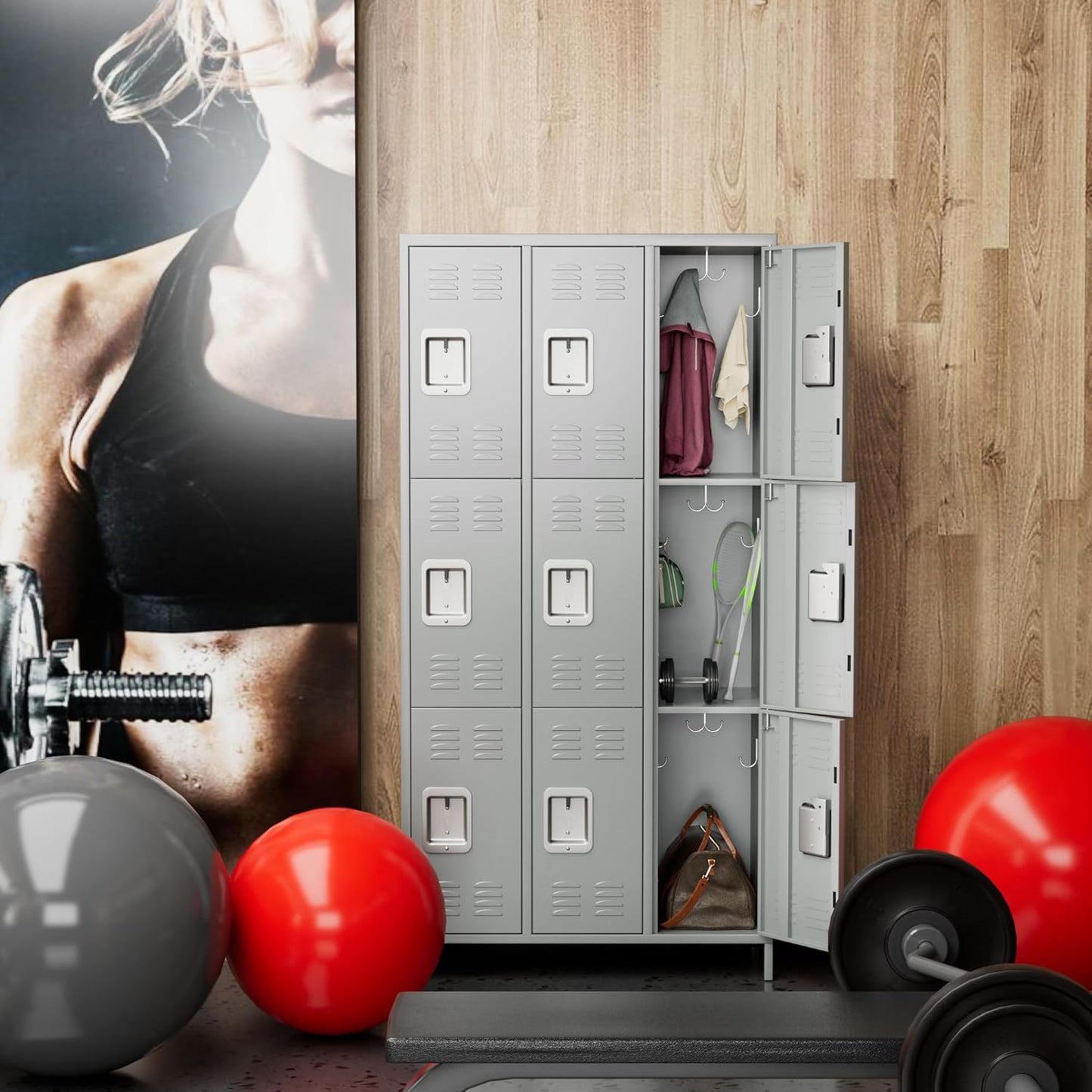 9 Doors Metal Lockers for Employees with 27 Hooks for Offices School Gyms Home,Assembly Required, Light Gray