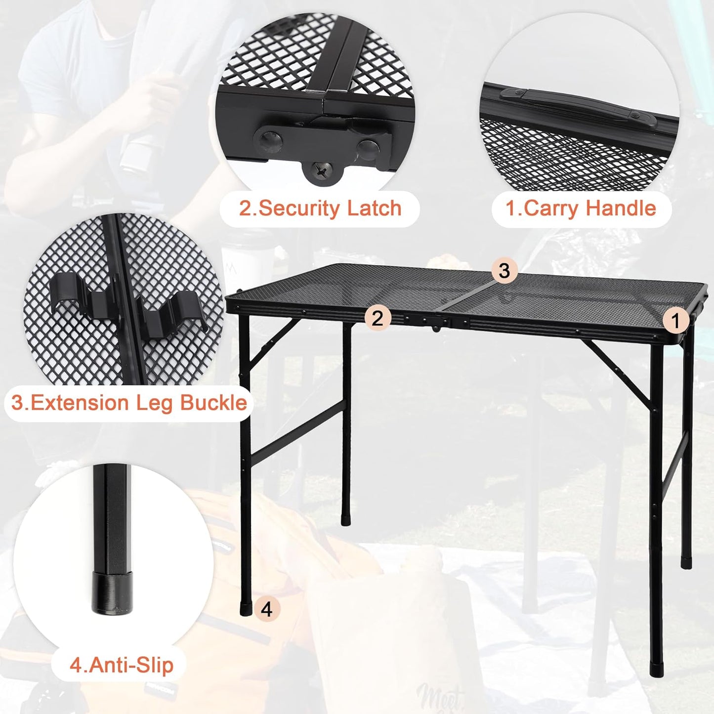 Camping Table with Mesh Desktop, Lightweight & Portable Folding Grill Table, Height Adjustable Metal Outdoor Table for Camp, Cooking, BBQ, RV, Picnic-4 FT Black