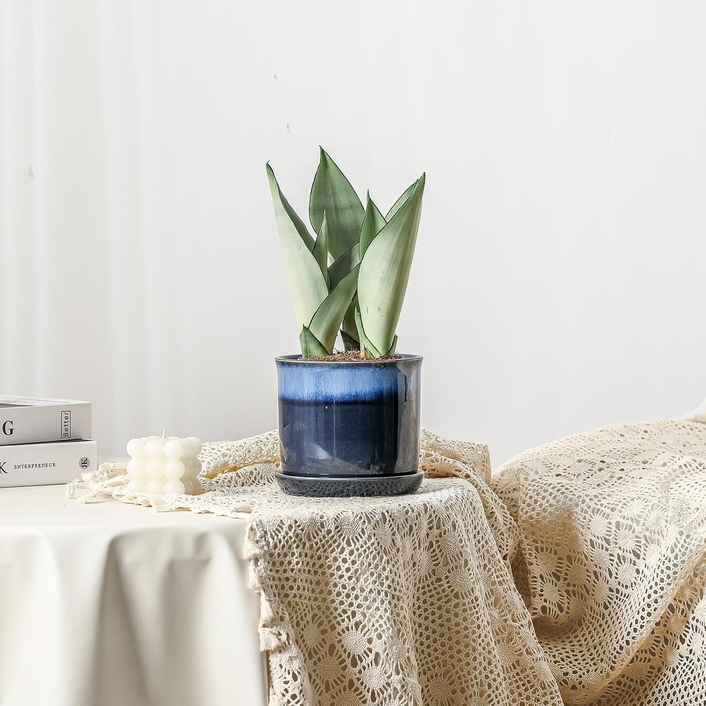 5.8 Inch Plant Pot: Ceramic Planter with Drainage Hole & Saucer - Gradient Blue Flowerpot for Indoor & Outdoor Plants with Separate Tray