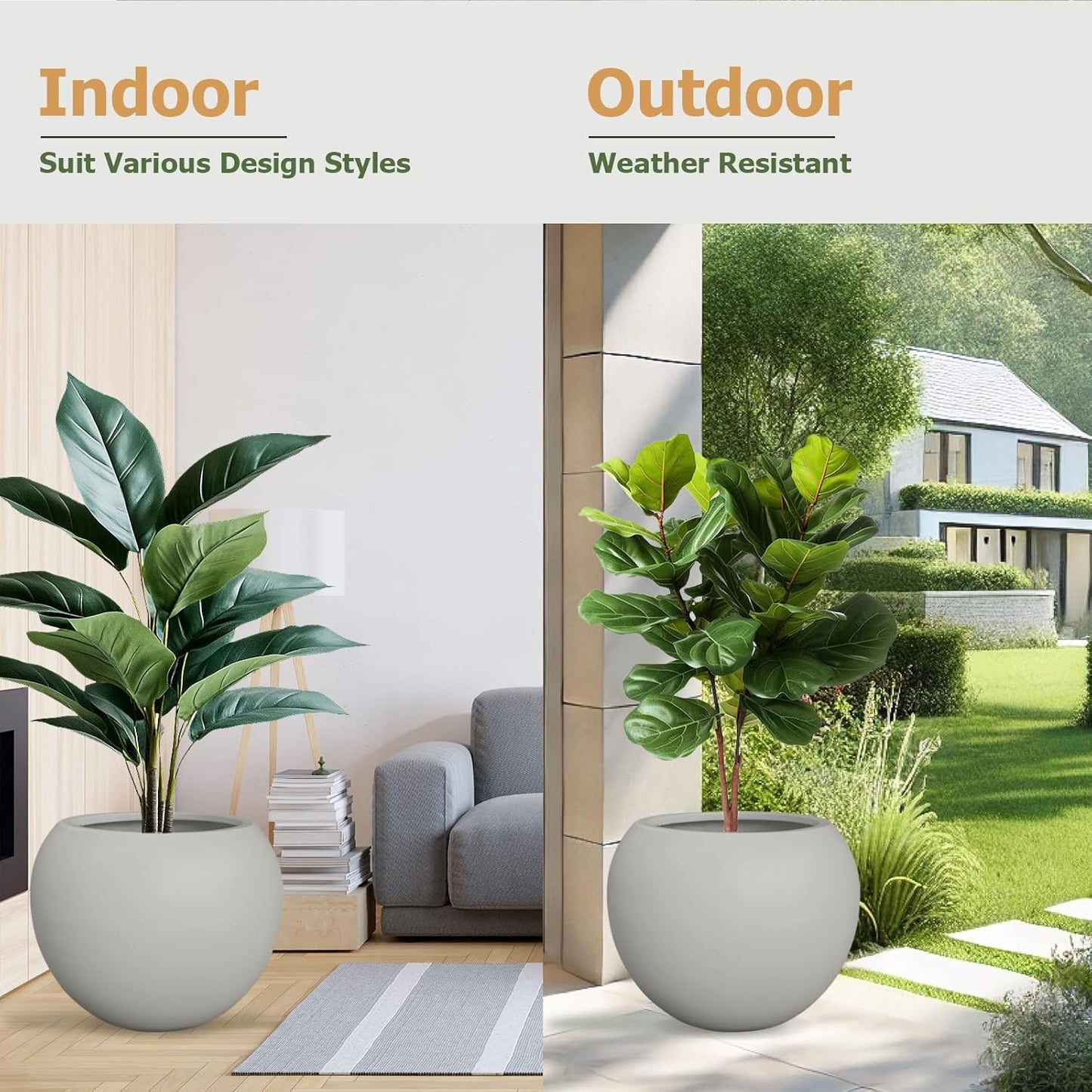 Globo Large Fiberstone Plant Pot, Large Planters for Indoor Plants, Outdoor Planters for Porch (Light French Gray, 16" D x 12.8" H)