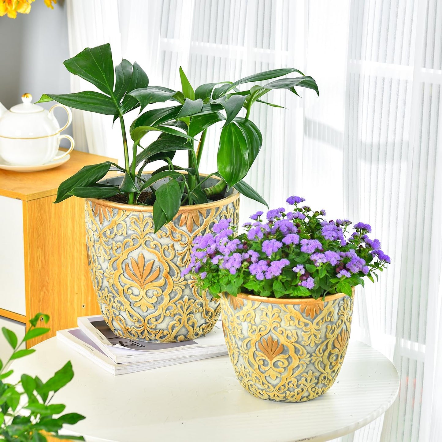 Sungmor Large Heavy Duty Cement Planters, Beautiful Embossed Concrete Garden Pots, 8" & 10" Set of 2 Plant Pots with Drainage Hole, Home Garden Decorative Flower Pots for Indoor Outdoor Plants Floral