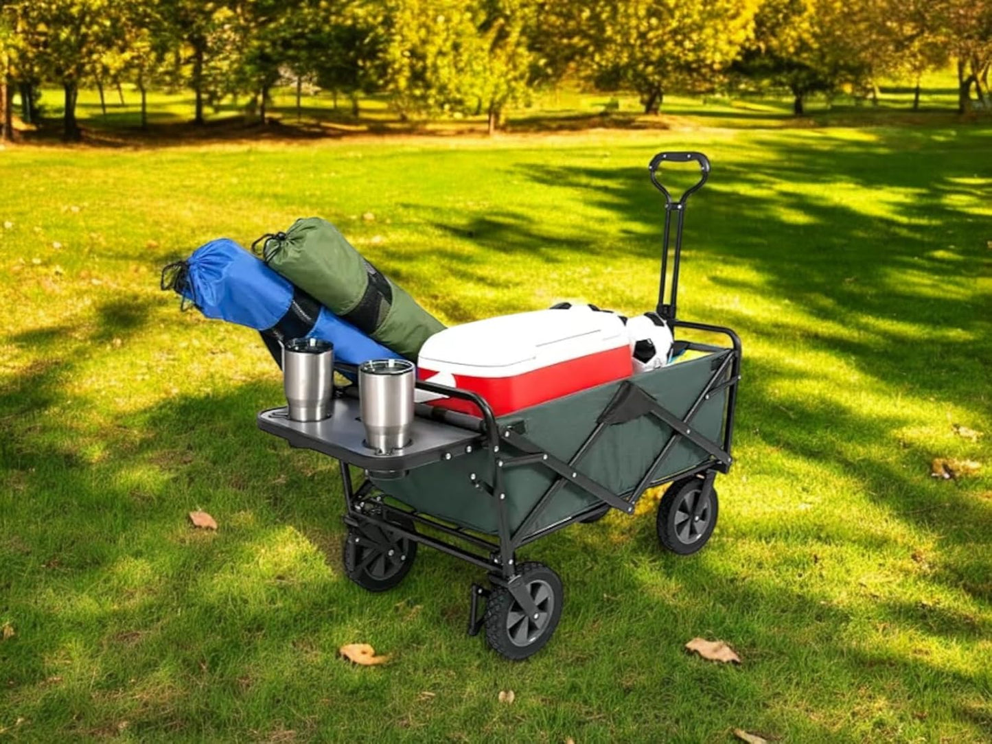 Heavy Duty Steel Frame Collapsible Folding Wagon with Table,150 Pound Capacity Outdoor Camping Garden Utility Wagon Yard Cart (Green, 1PACK)