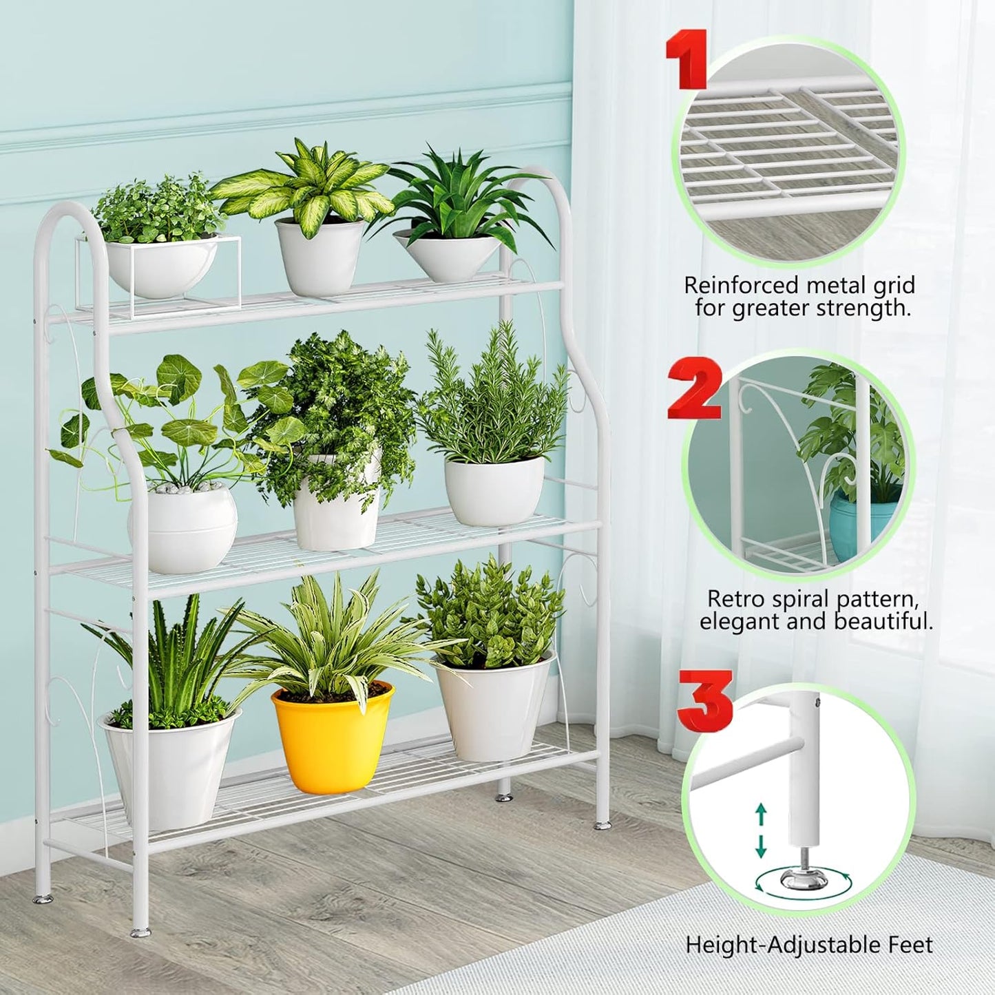 SORCEDAS Plant Stand Indoor Outdoor Plant Shelf 3 Tier Metal Corner Flower Stand Multiple Holder for Patio Garden Balcony Living Room, White