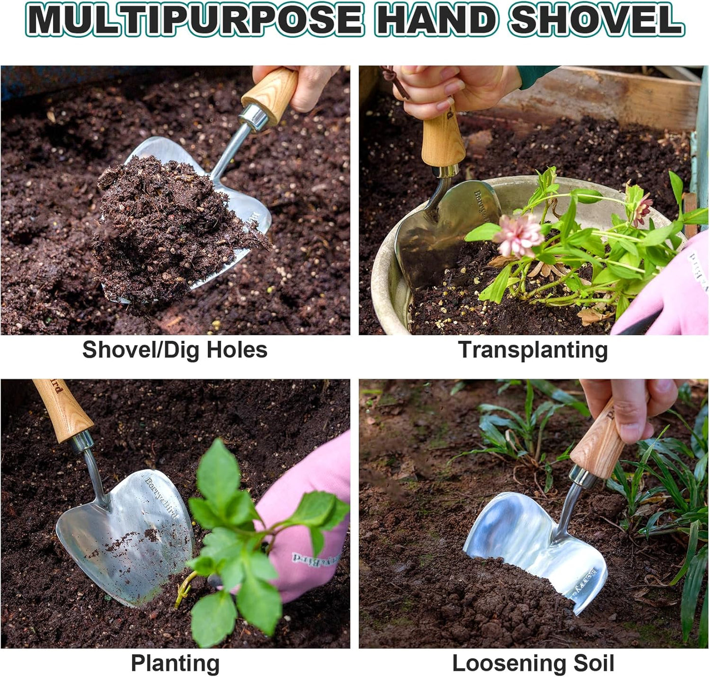 Berry&Bird Potting Trowel, Oversized Garden Hand Shovel with Sharp Blade & Wood Handle, Stainless Steel Gardening Tool for Roots, Planting, Digging, Transplanting, Soil Loosening and Fertilizer Mixing