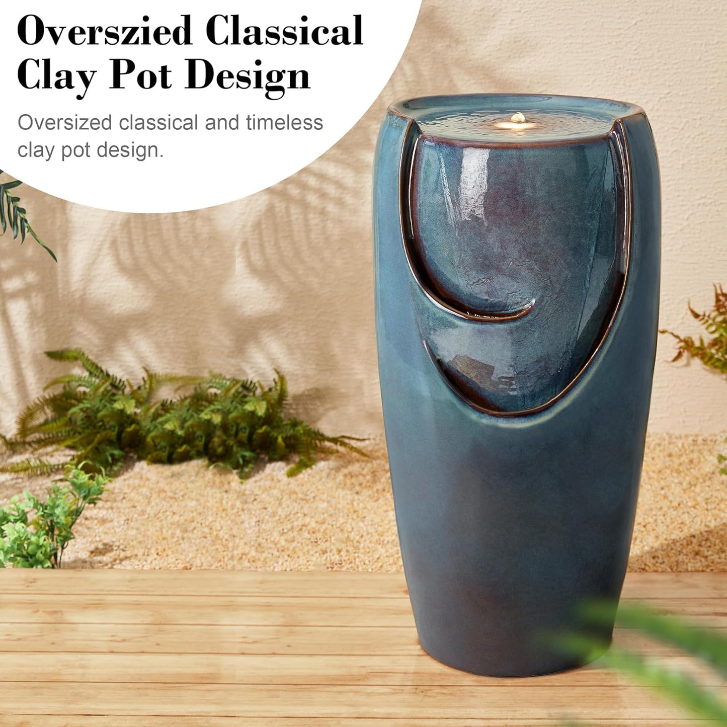 Glitzhome 29.25" H Oversized Ceramic Vase Outdoor Water Fountain Tall Patio Garden Water Fountain with LED Light and Submersible Pump Yard Art Decor, Turquoise