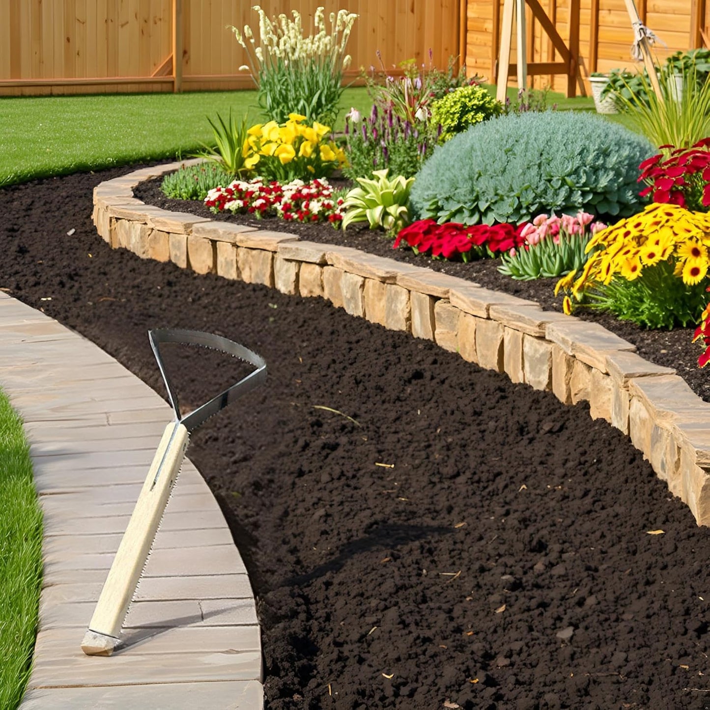 2-in-1 Weed Puller Tool,Garden Weed Scraper Tool, Weeding Rake, Metal Weeder & Soil Leveler with Ergonomic Wood Handle Weed Rake