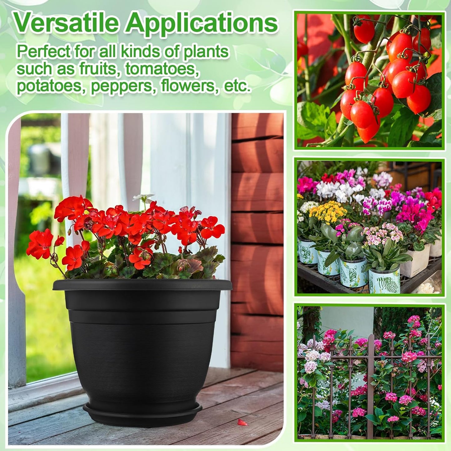 12 Pack Plastic Plant Pots Round Planter Pots with Saucer Tray Seedling Pot Hole Seed Resin Plant Pot Starting Nursery Flower Container with Pallet for Garden Outdoor Indoor (Black,12'')