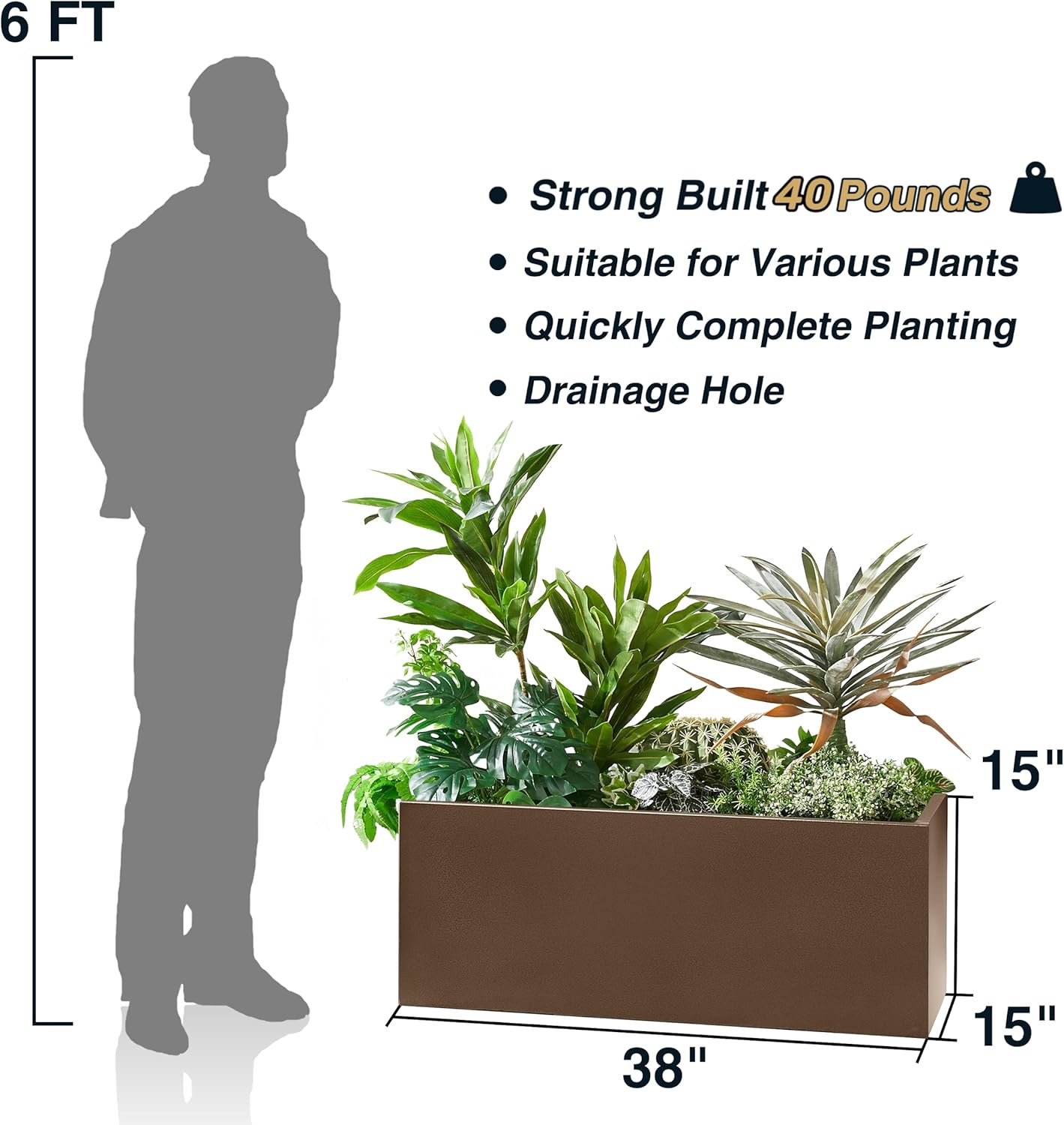 Metallic Heavy Long and Large Outdoor/Indoor Planter Box, 38”Lx15”Wx15”H, 40Pounds, Espresso
