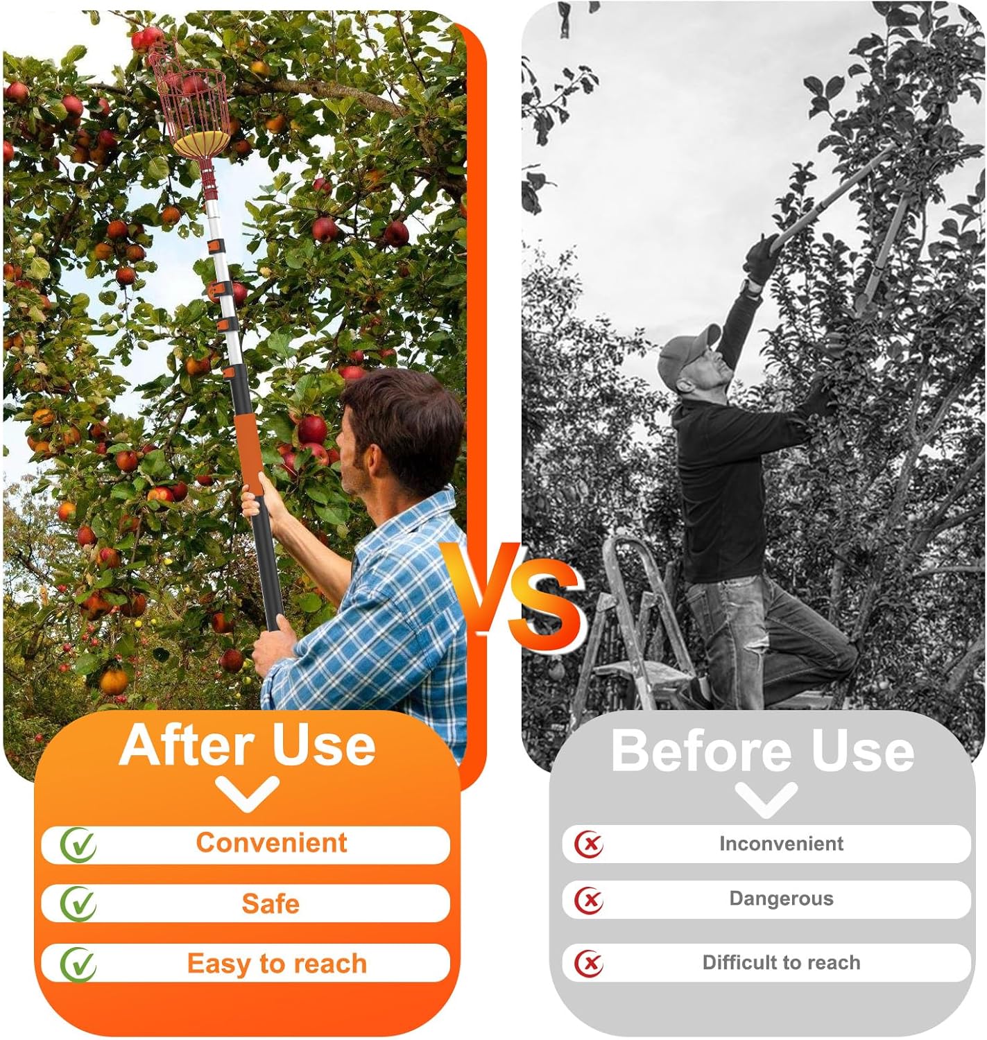 26FT Reach Fruit Picker Pole with Basket Telescoping, Apple Picker with 5-20FT Telescoping Pole for Apple Orange Lemon Mango Avocado Guava Fruit Picking