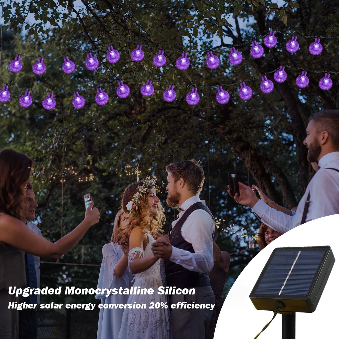Solar Lights Outdoor Waterproof, 2 Pack Total 120LED 72FT Solar String Lights for Outside with 8 Modes, Outdoor String Lights Crystal Globe Patio Lights for Garden Yard Party Decor (Purple)