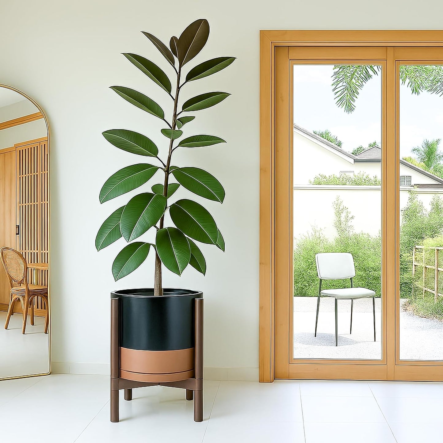 D'vine Dev Ceramic Planter with Walnut Color Stand - 12 Inch Modern Round Flower Pot with Wood Planter Holder, Black/Speckled Tan, 55-B-W-7