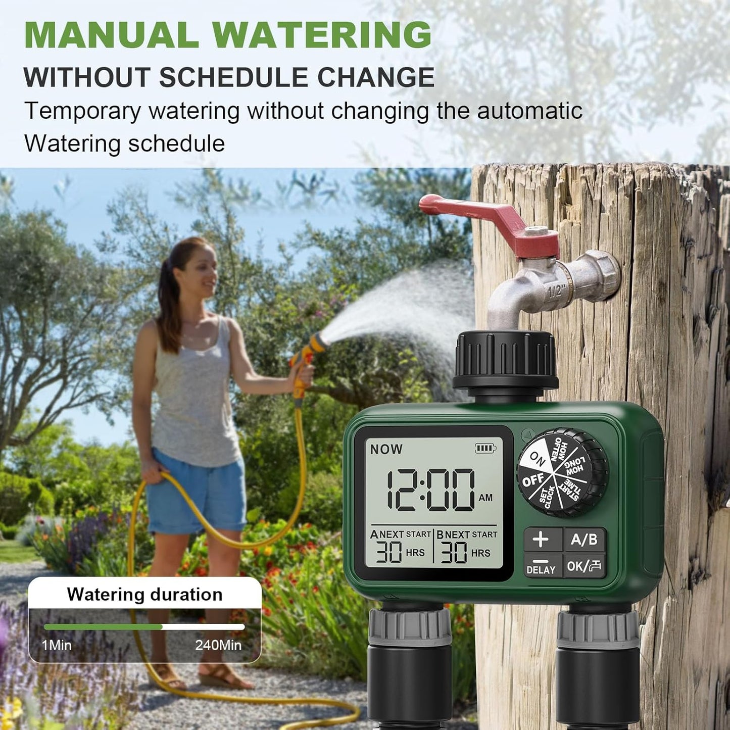 2 Outlet Sprinkler Timer, XinFuture Water Timer, Programmable Garden Hose Timer with Rain Delay, Manual& Automatic Watering System, Waterproof Irrigation Controller for 2 Separate Watering Zones
