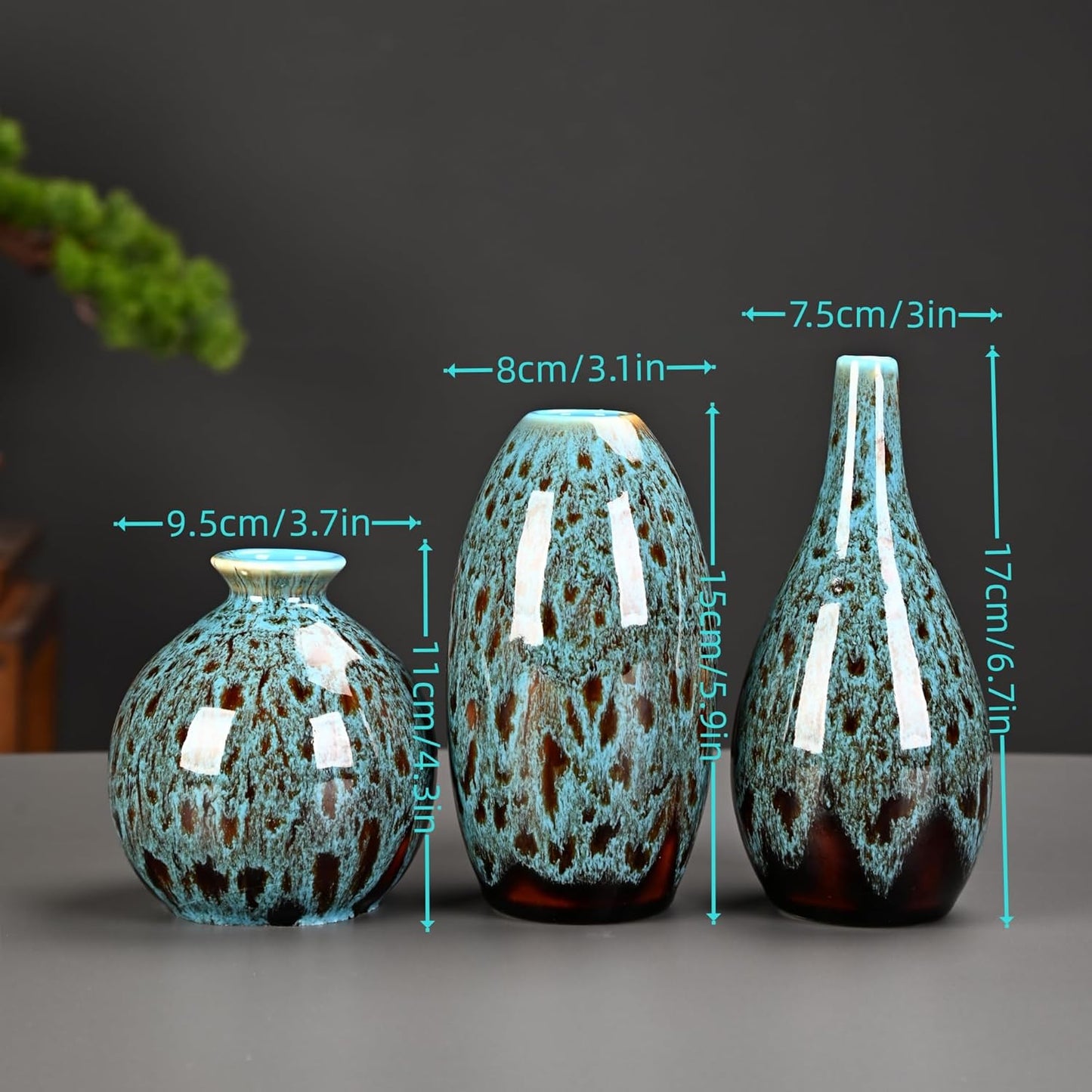 Ceramic Bud Vase Set, Fambe Blue Glazed Finish, Decorative Flower Vases (Blue-Set of 3)