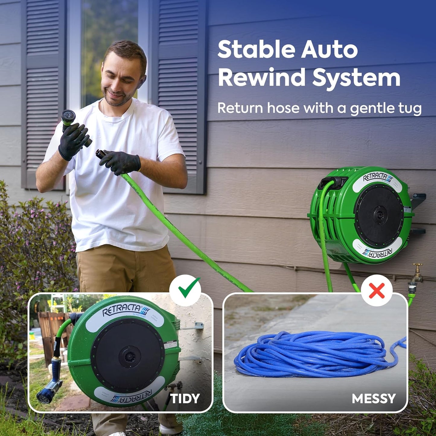 Macnaught Retractable Garden Hose Reel, 60 Ft Water Hose Reel Heavy Duty Retractable Hose with Metal 180° Swivel Rotation Bracket for Wall Mount - Green