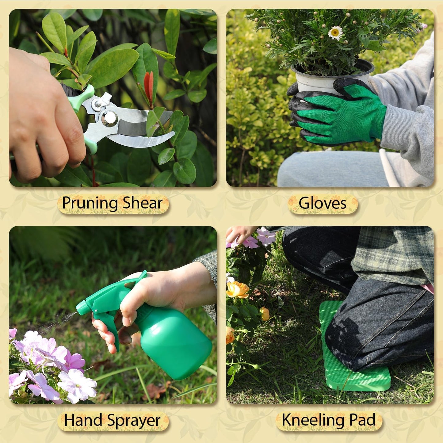 LeMotech Gardening Tools, 10-Piece Heavy Duty Garden Hand Tools Set with Wooden Handle, Durable Fashion Organizer Bag for Garden Supplies, Gardening Gifts for Women Grandmother, Yellow Floral Pattern