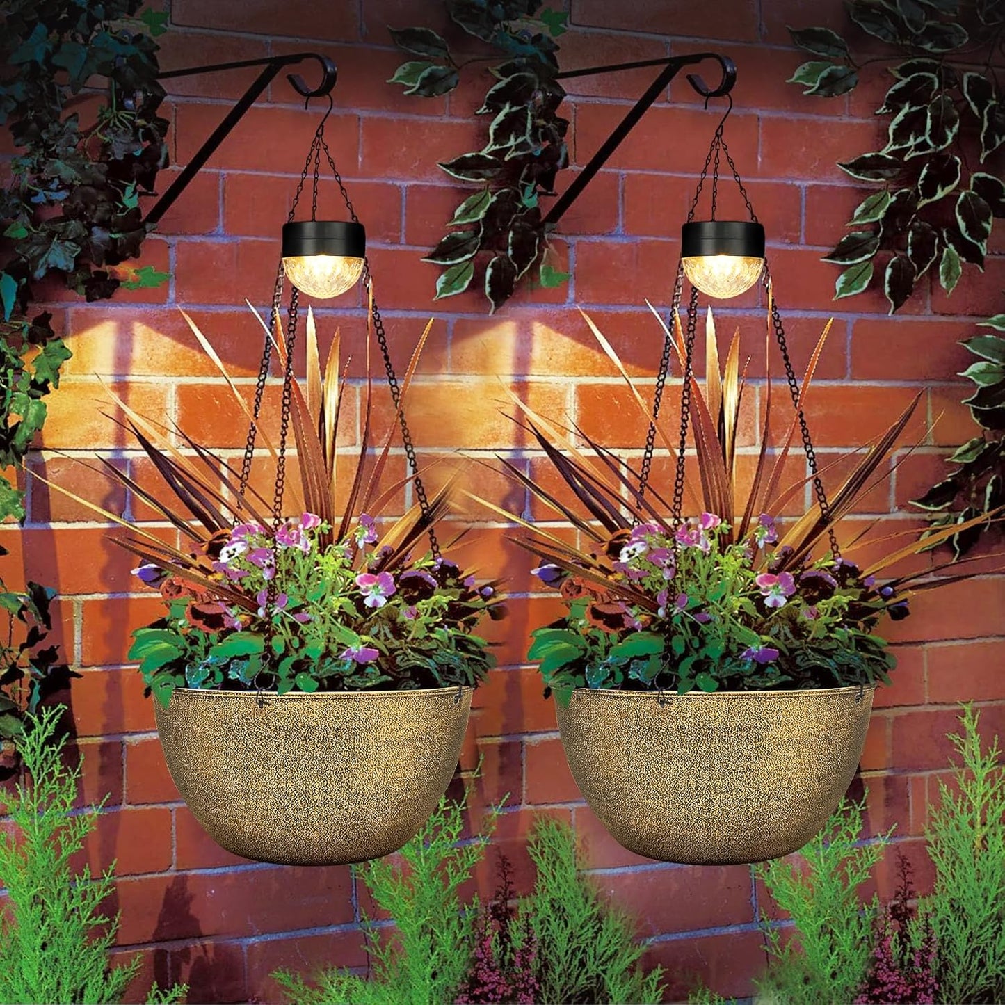 2 Packs Hanging Planters Basket for Outdoor Plants, Solar Powered Self Watering Copper Round Plastic Flower Pots with Drainer for Balcony Patio Garden Outdoor Decoration