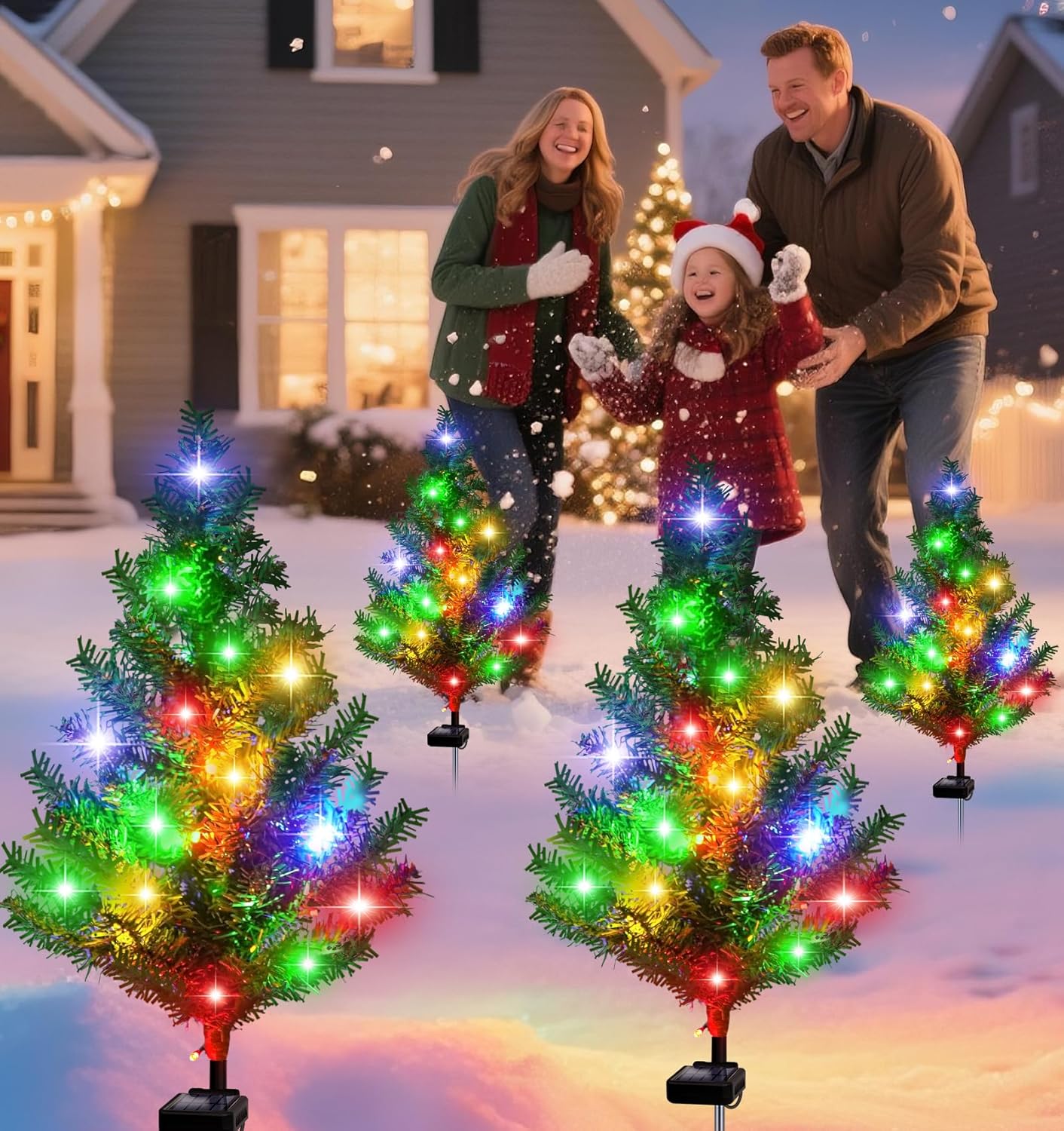 Solar Christmas Tree Outdoor Decor, Waterproof Solar Xmas Decorations Garden Stake Lights, Multi-Color LED Artificial Prelit Christmas Décor for Outside Landscape Pathway Porch Yard Holiday (4 pcs)