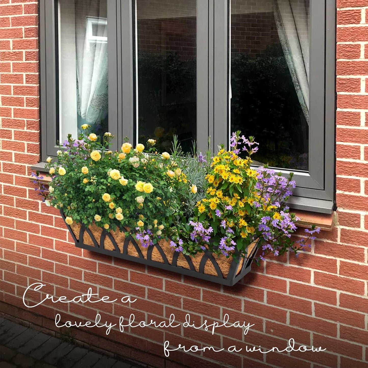 Window Box Railing, 24 Inch Black Metal Hanging Flower Planter Basket with Coco Liner for Outdoor Balcony Porch Fence Patio for Home, Office and Hotel (Black - 4 Pcs/Set)