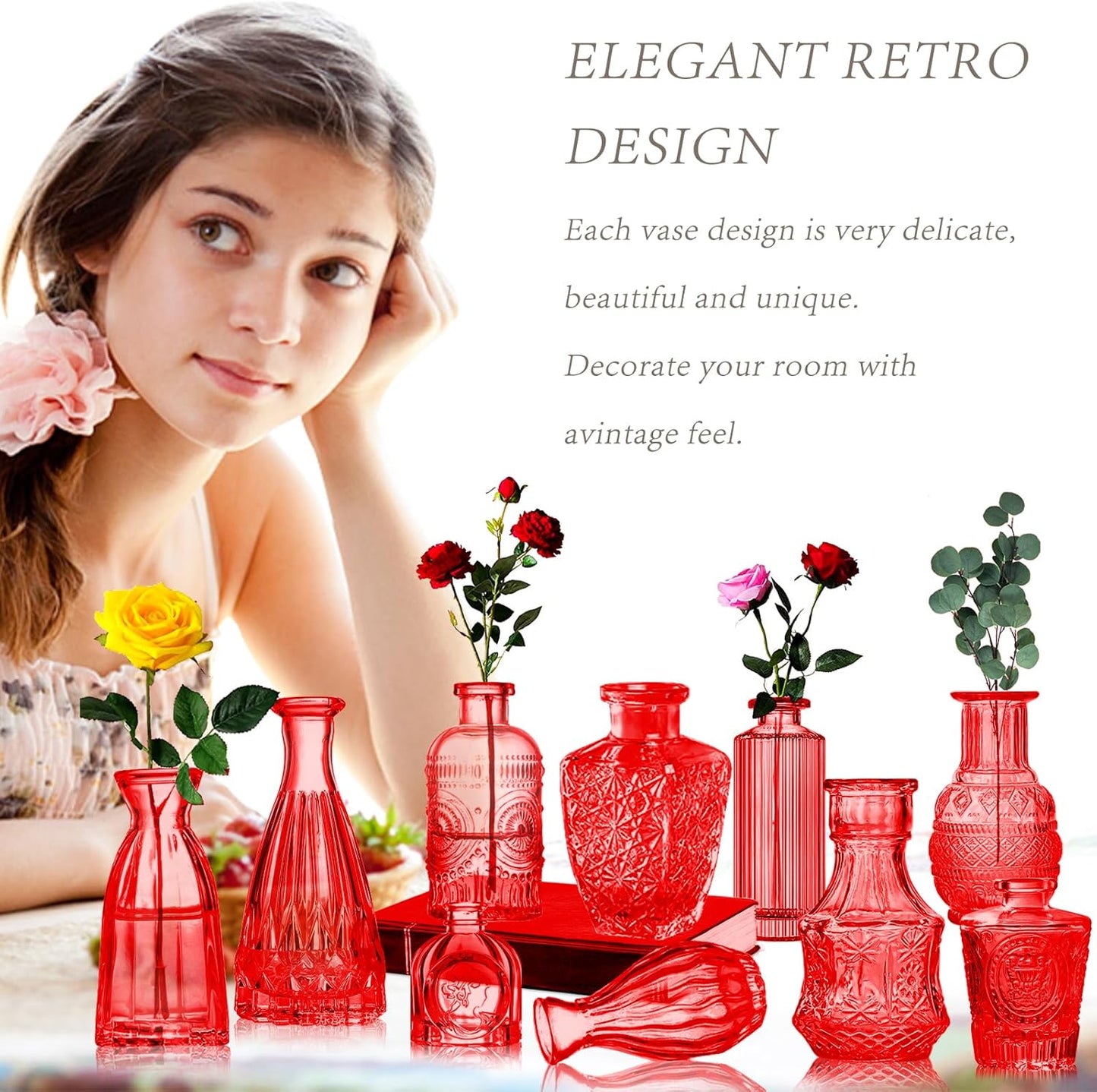 Red Glass Bud Vases Set, 24 Pcs Vintage Small Vases for Flowers, Crystal Mini Glasses in Bulk, Small Flower Design for Centerpieces Wedding Decorations Home Flower Party Decor