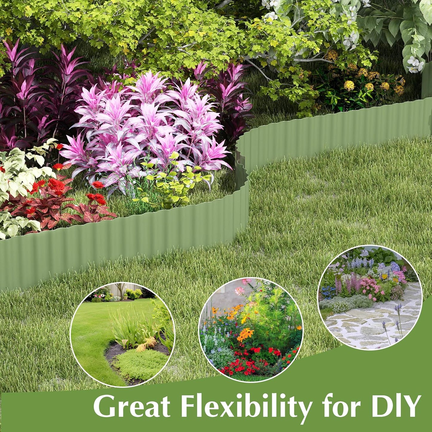 Metal Garden Edging Border, Corrugated Steel Landscaping, DIY for Lawn (Green, 10 Inch x 10FT)