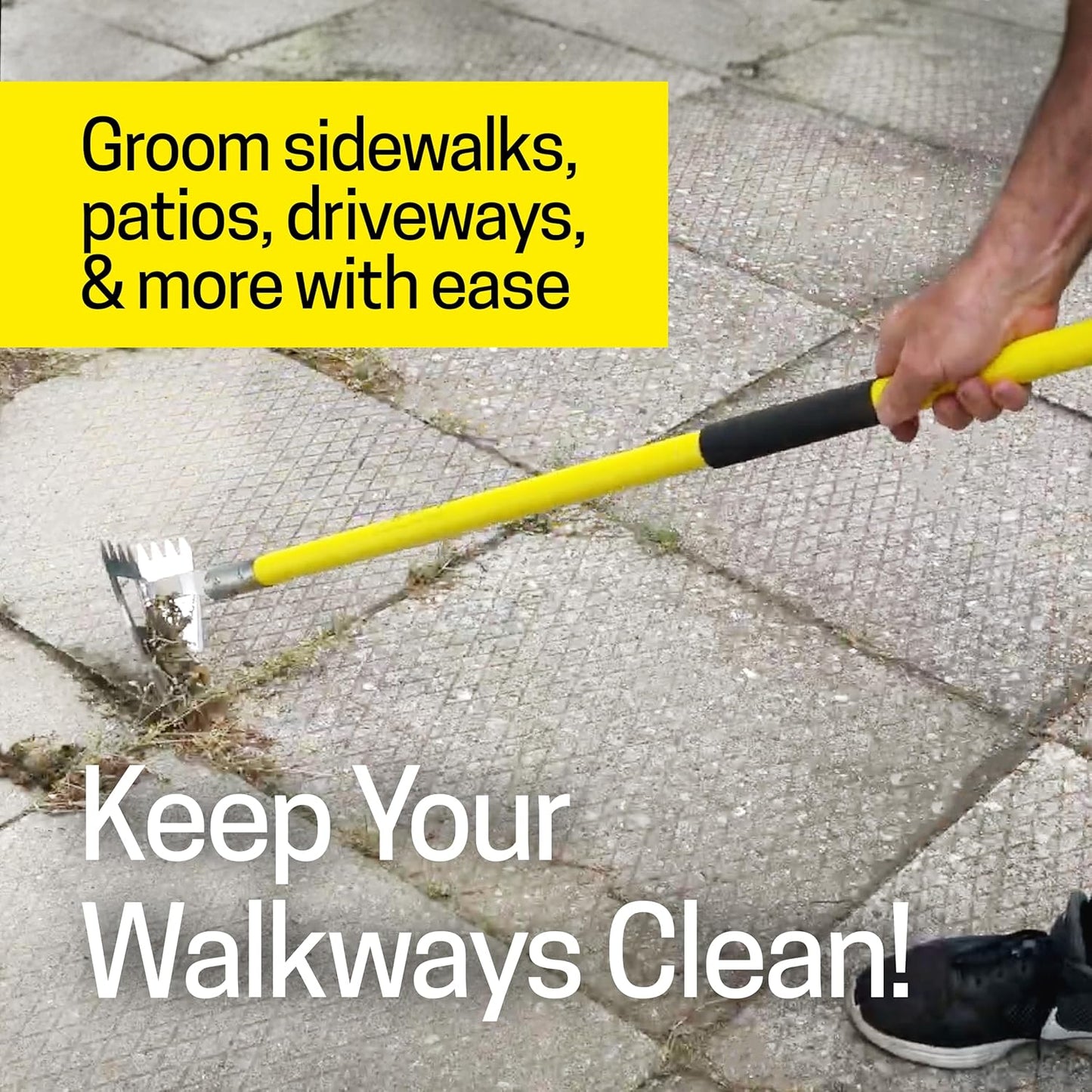 Spear Head Hoe Garden Tool - Long Handle Hoe with 59" Fiberglass Handle, 2 Cushioned Grips, & Stainless Steel Blade with Sharpened Edges & Rake - Multipurpose Garden Hoe for Weeding & More (Yellow)