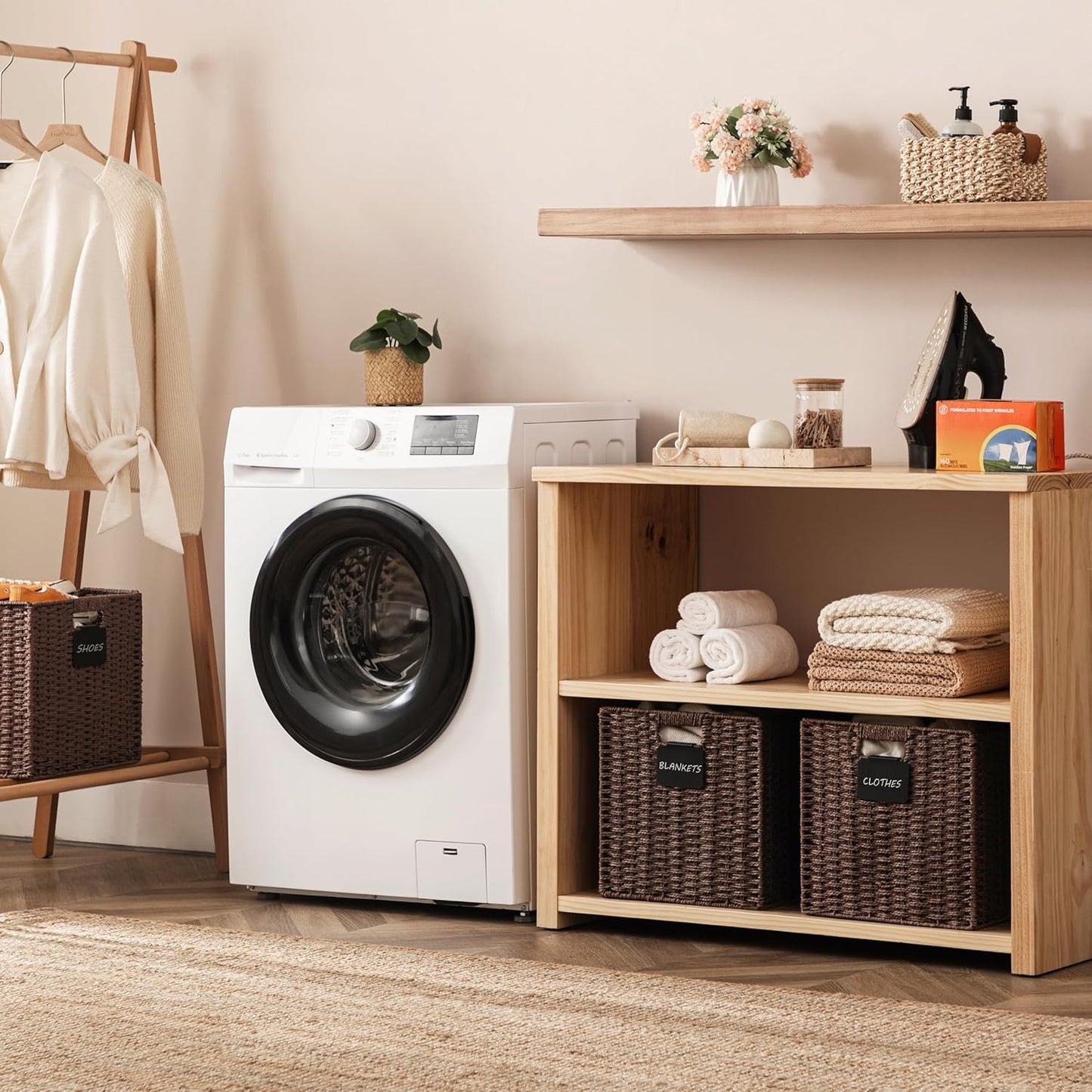 UBBCARE 2 Pack Wicker Basket, 13×13 Storage Cubes with Label, Foldable Cube Storage Bin with Handle, Square Storage Basket for Shelves, Woven Paper Rope Basket for Organizing, Brown