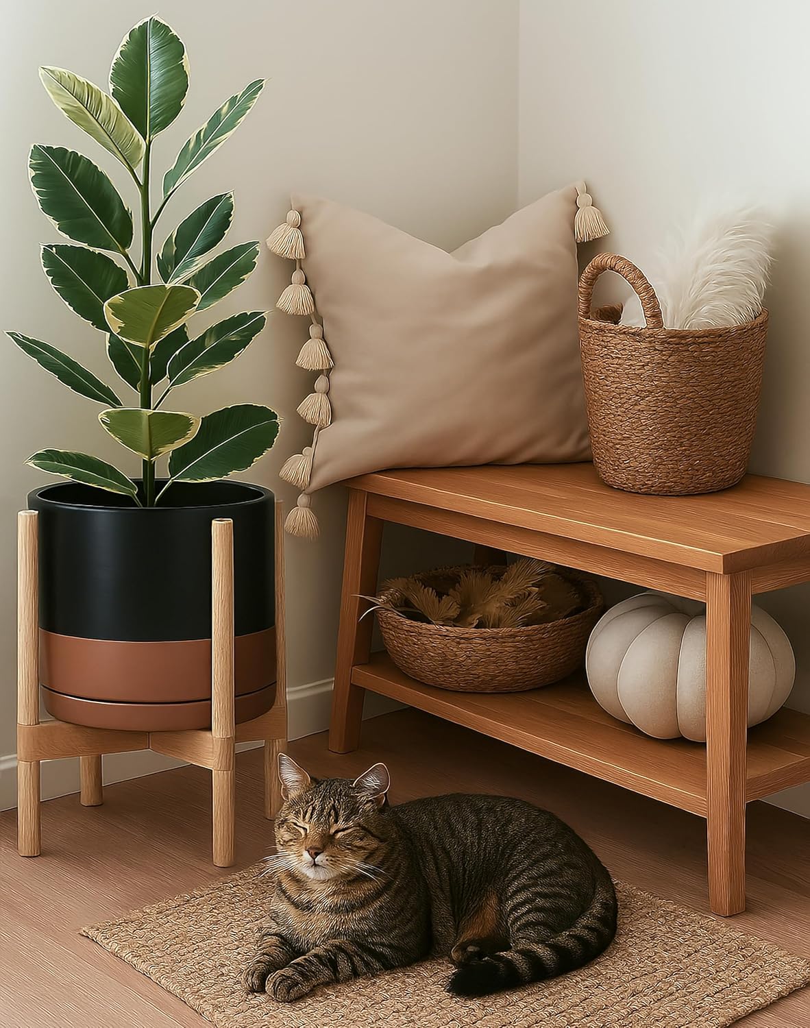 D'vine Dev Ceramic Planter with Natural Stand - 12 Inch Modern Round Flower Pot with Wood Planter Holder, Black/Speckled Tan, 55-B-J-7