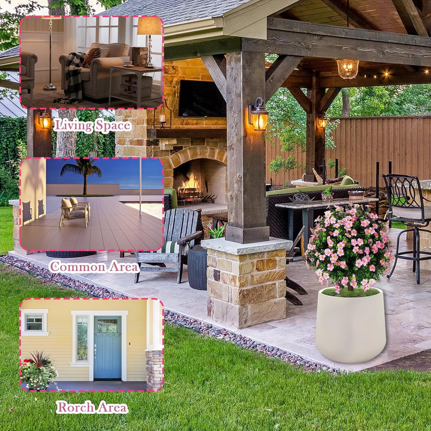 Sunnyglade Set of 2 Artificial Boxwood Topiary Ball Trees with Pink Flower, Faux Shrub Bushes with Ground Spike 25.5", UV Resistant Fake Boxwood Plants for Indoor, Garden, Porch, Patio Decor (Pink)