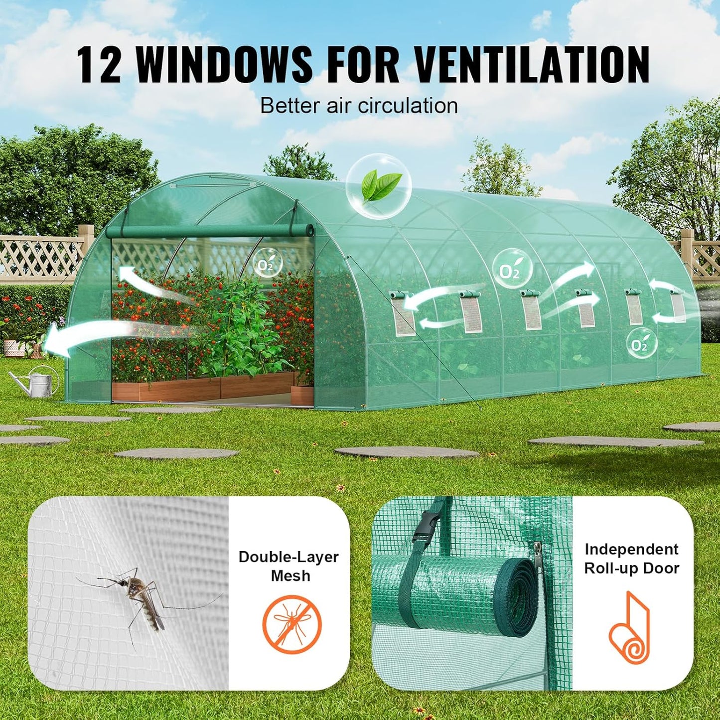 VEVOR Walk-in Tunnel Greenhouse, 29.2x9.7x6.5 ft Hoop House Greenhouse Tunnel, Plant Hot House with Galvanized Steel Frame, Green PE Cover, Roll-up Zipper Door and 12 Windows for Outdoor