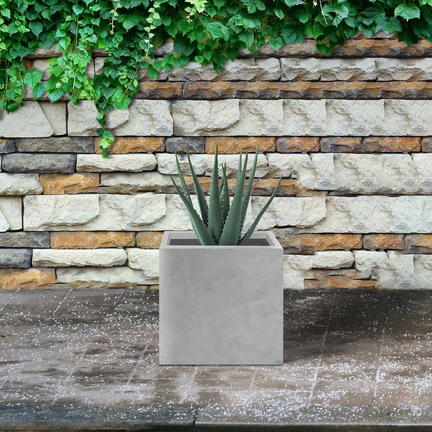 Kante 12 Inch Square Concrete Planter for Outdoor Indoor Home Patio Garden, Large Plant Pot with Drainage Hole and Rubber Plug, Natural Concrete