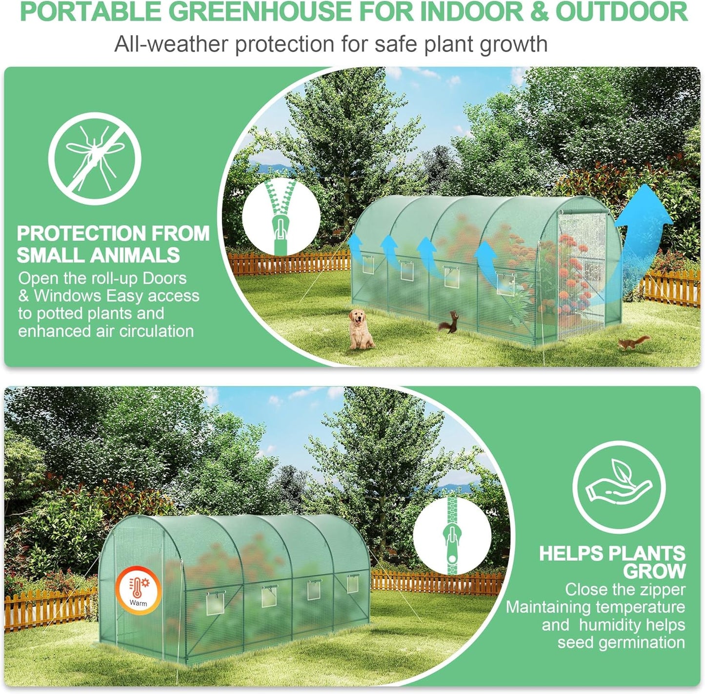 Greenhouses for Outdoors Heavy Duty 15 x 7 x 7 FT Portable Greenhouse for Winter with 8 Ventilated Screen Windows & Rolling Zipper Door & Reinforced Steel Frame Greenhouse Tunnel