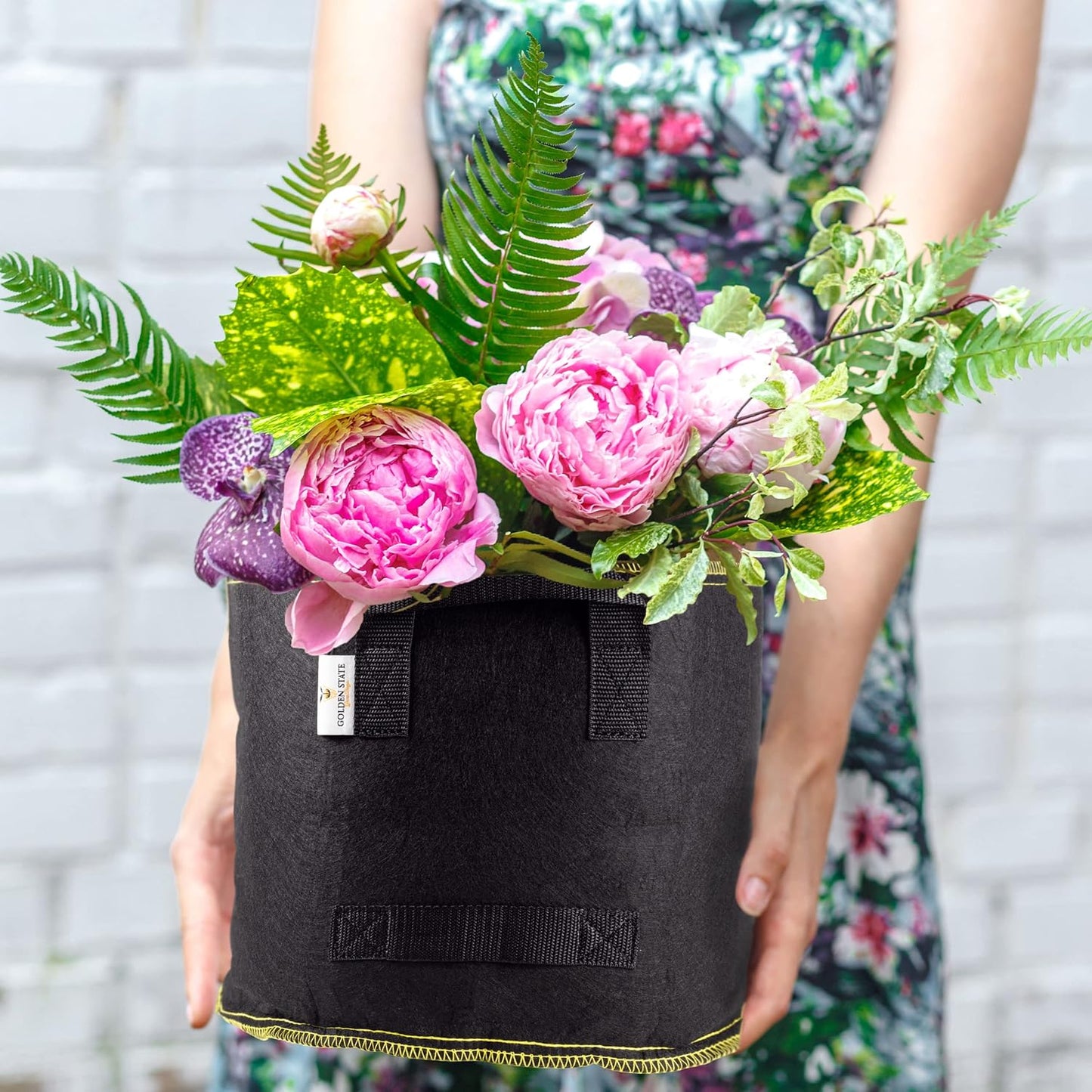 Grow Bags: 5-Pack (Size: 10 Gallon): 300gsm Black Felt Fabric w/Yellow Stitch, Biodegradable and eco-Friendly Material. (Handles + Dumping Handles-pat.Pend).