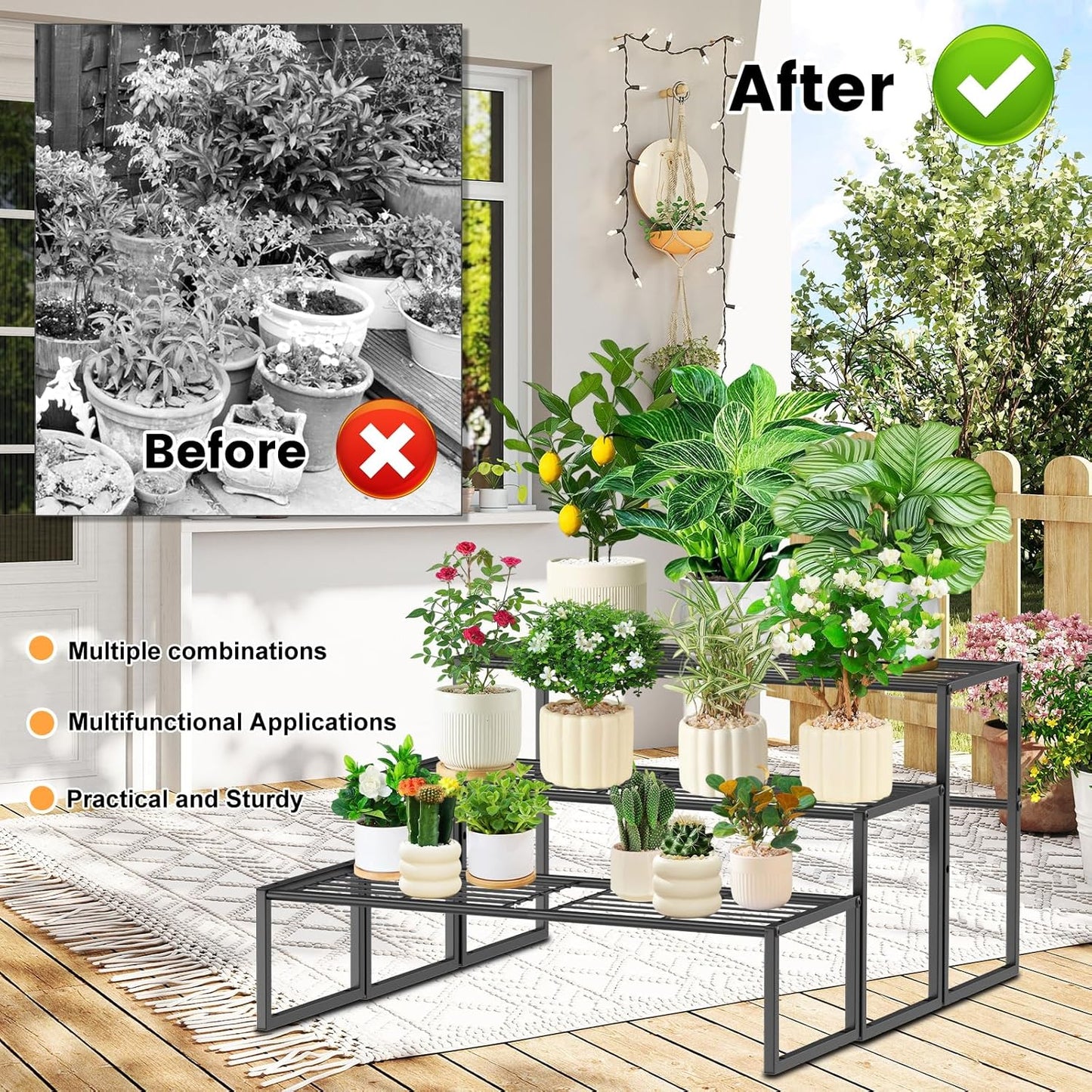 3 Tier Metal Plant Stand Indoor Outdoor, Potted Multiple Flower Pot Holder Rack Plant Shelf, Heavy Duty Planter Display Shelving for Patio Balcony Garden Living Room Decorative (3 Tier- Black)