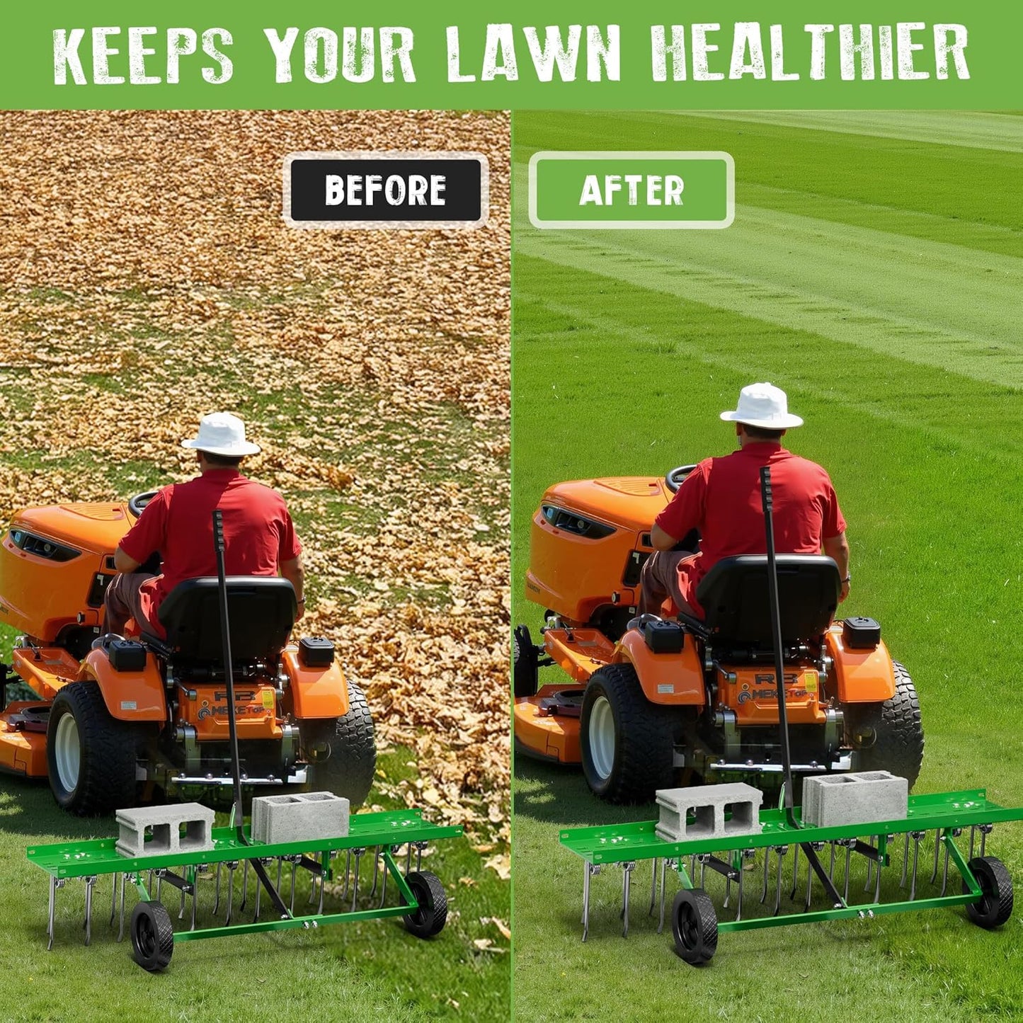 48" Tow-Behind Dethatcher with 24 Spring Steel Tines, Pull Behind Lawn Tractor Mower Grass Rake for Yard, Garden, and Farm Care – Removes Thatch, Leaves, and Pine Needles-Green