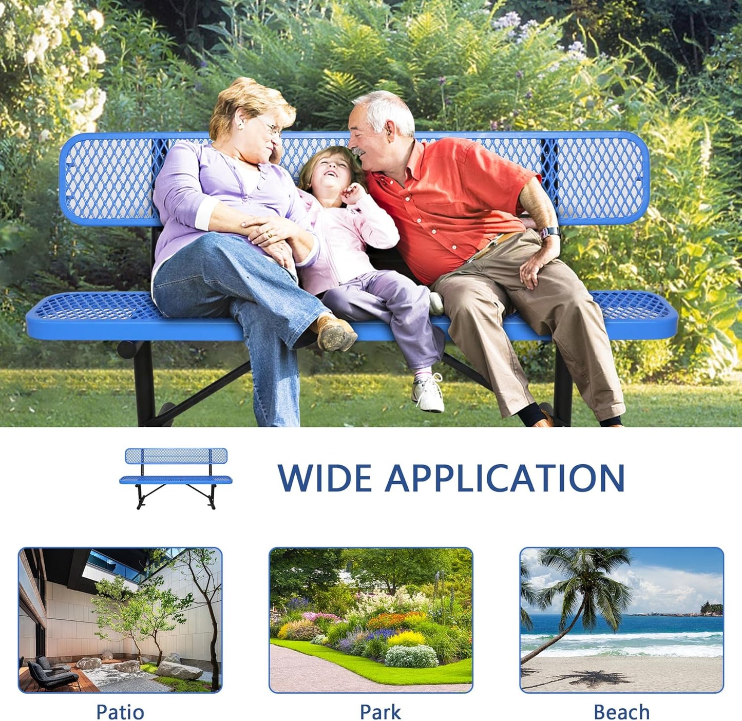 8 Feet Heavy Duty Metal Park Bench for Outside, Outdoor Steel Bench with Backrest & Portable Frame, Commercial Benches for Shopping Malls/Stores/Parks/Patios/Decks/School,Blue