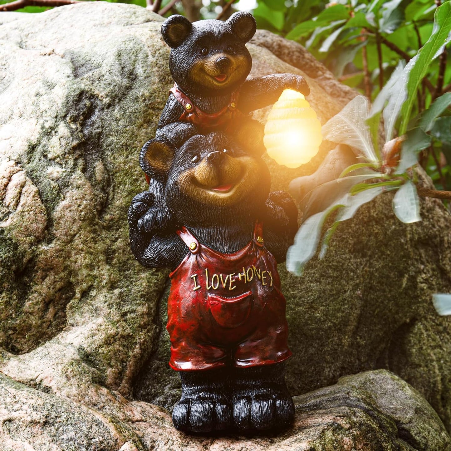 Black Bear Beehive Solar Light Figurine - Outdoor Waterproof Garden Statue - Animal Decor Light - Mother & Baby Bear for Outside - Patio, Yard, and Lawn