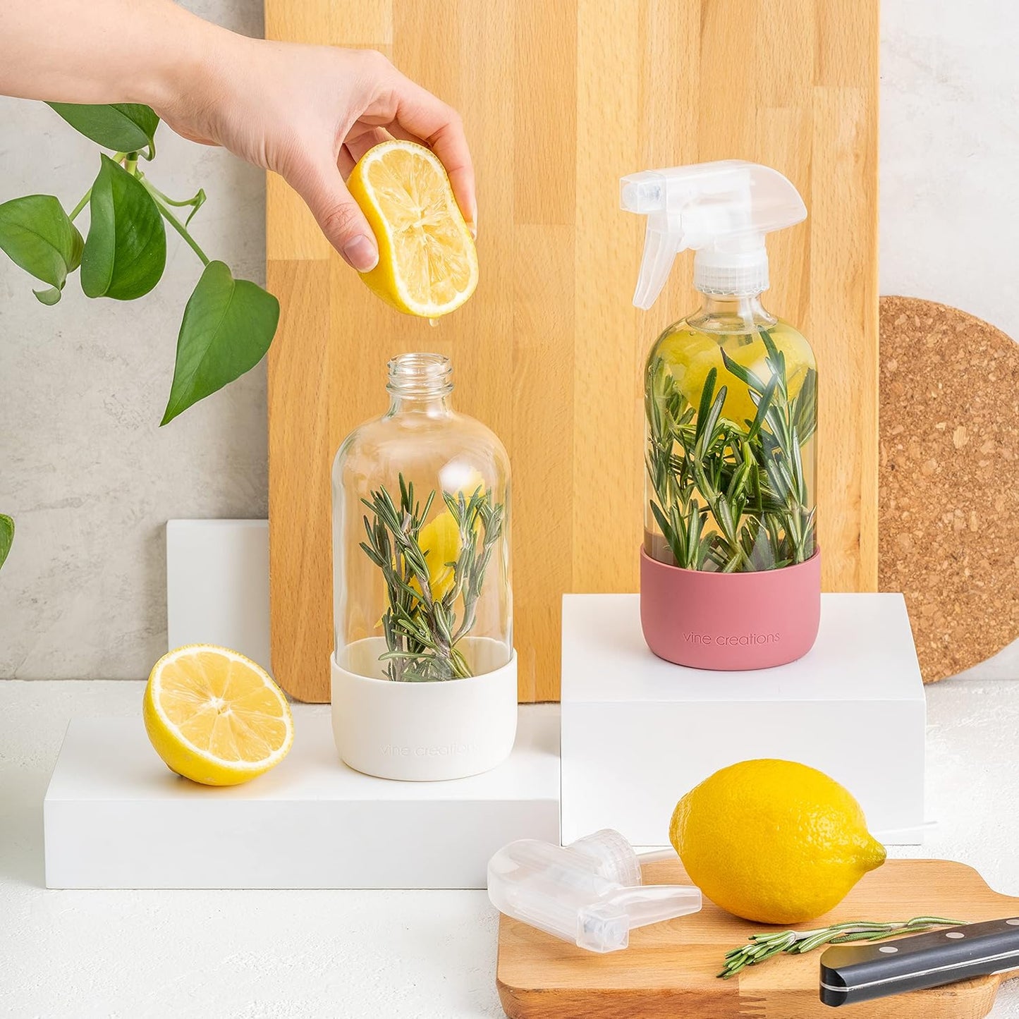 Vine Creations Glass Spray Bottles for Cleaning Solutions, Clear Glass Spray Bottle with Silicone Sleeve, 16 oz Empty Spray Bottles for Cleaning, Plant Spray Bottle, Mist and Stream Nozzle - 2 Pack